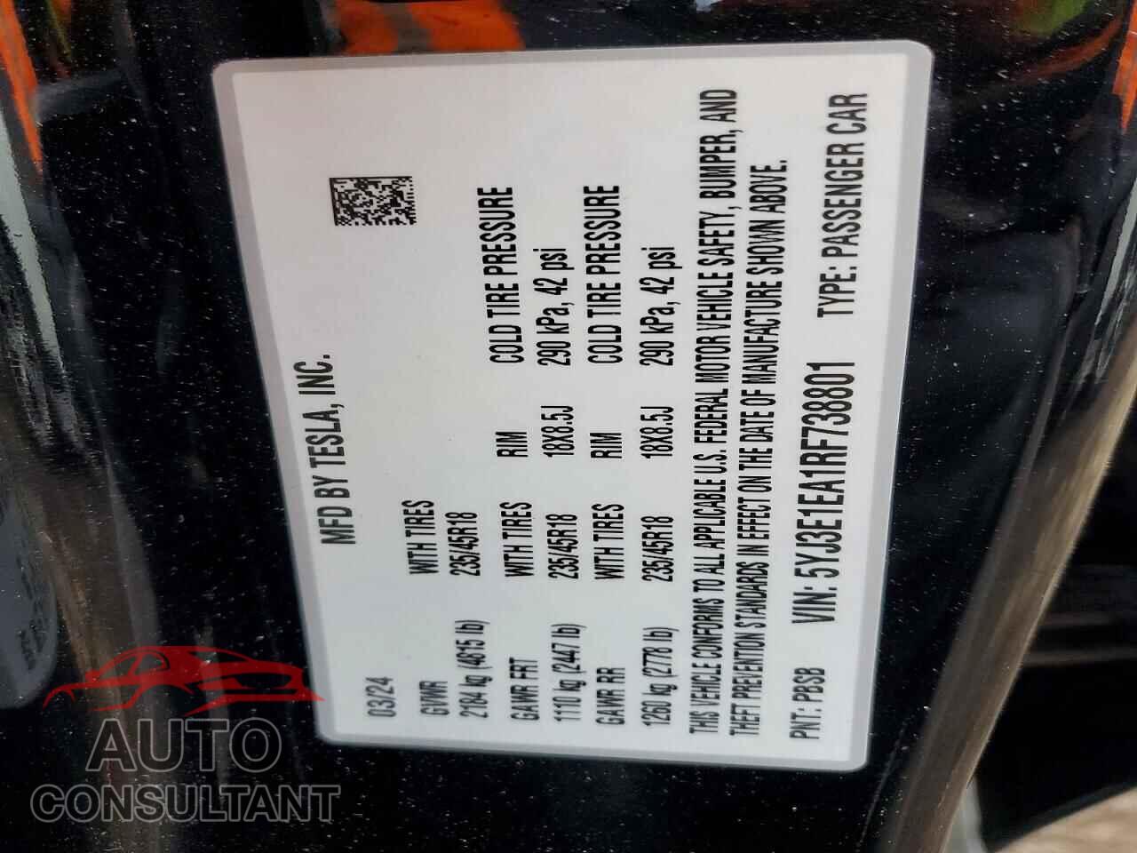 TESLA MODEL 3 2024 - 5YJ3E1EA1RF738801