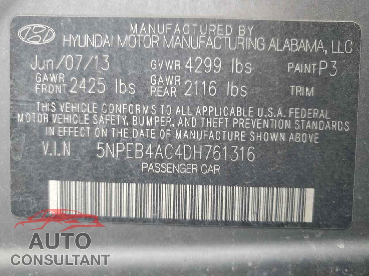 HYUNDAI SONATA 2013 - 5NPEB4AC4DH761316
