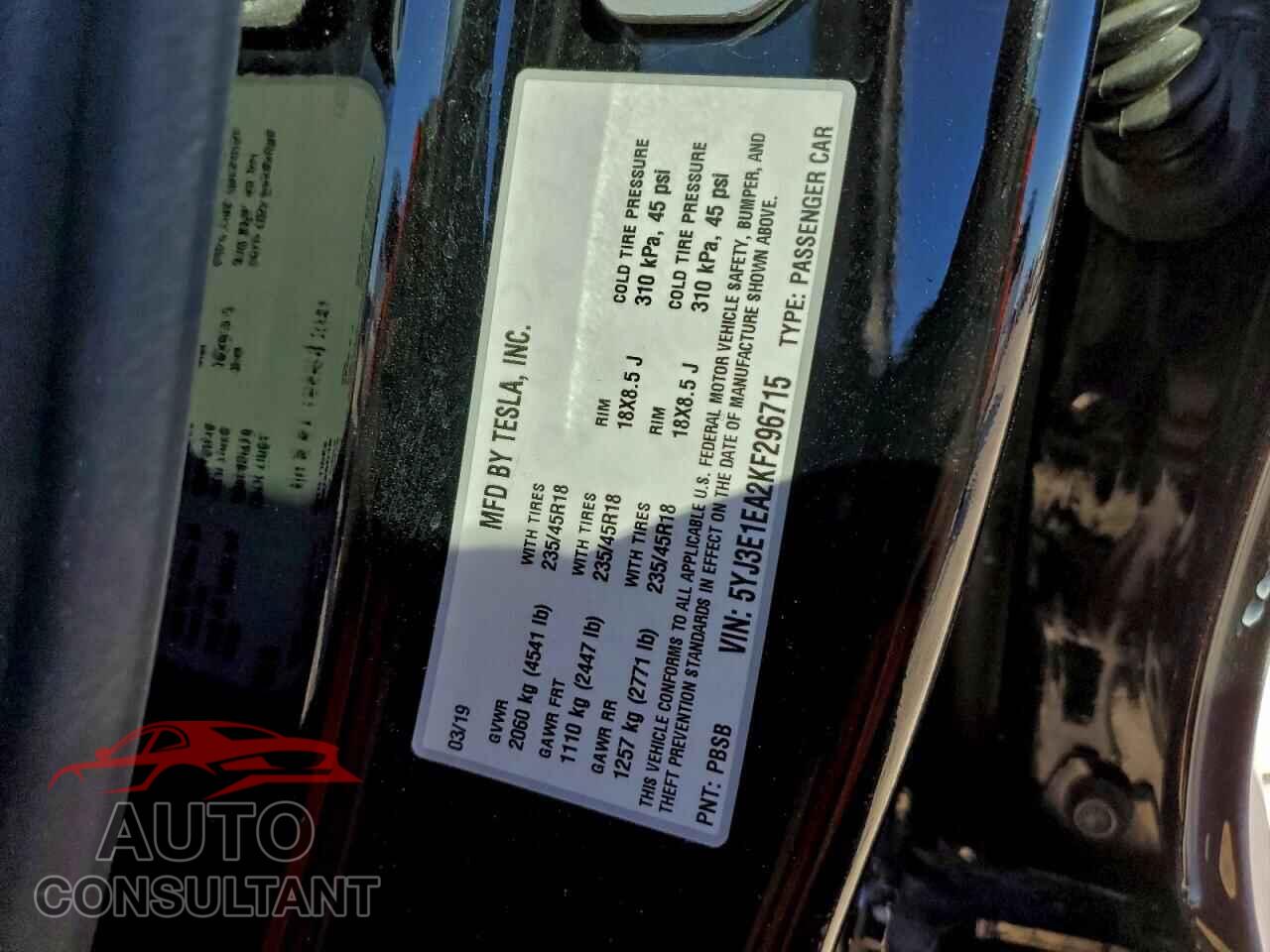 TESLA MODEL 3 2019 - 5YJ3E1EA2KF296715