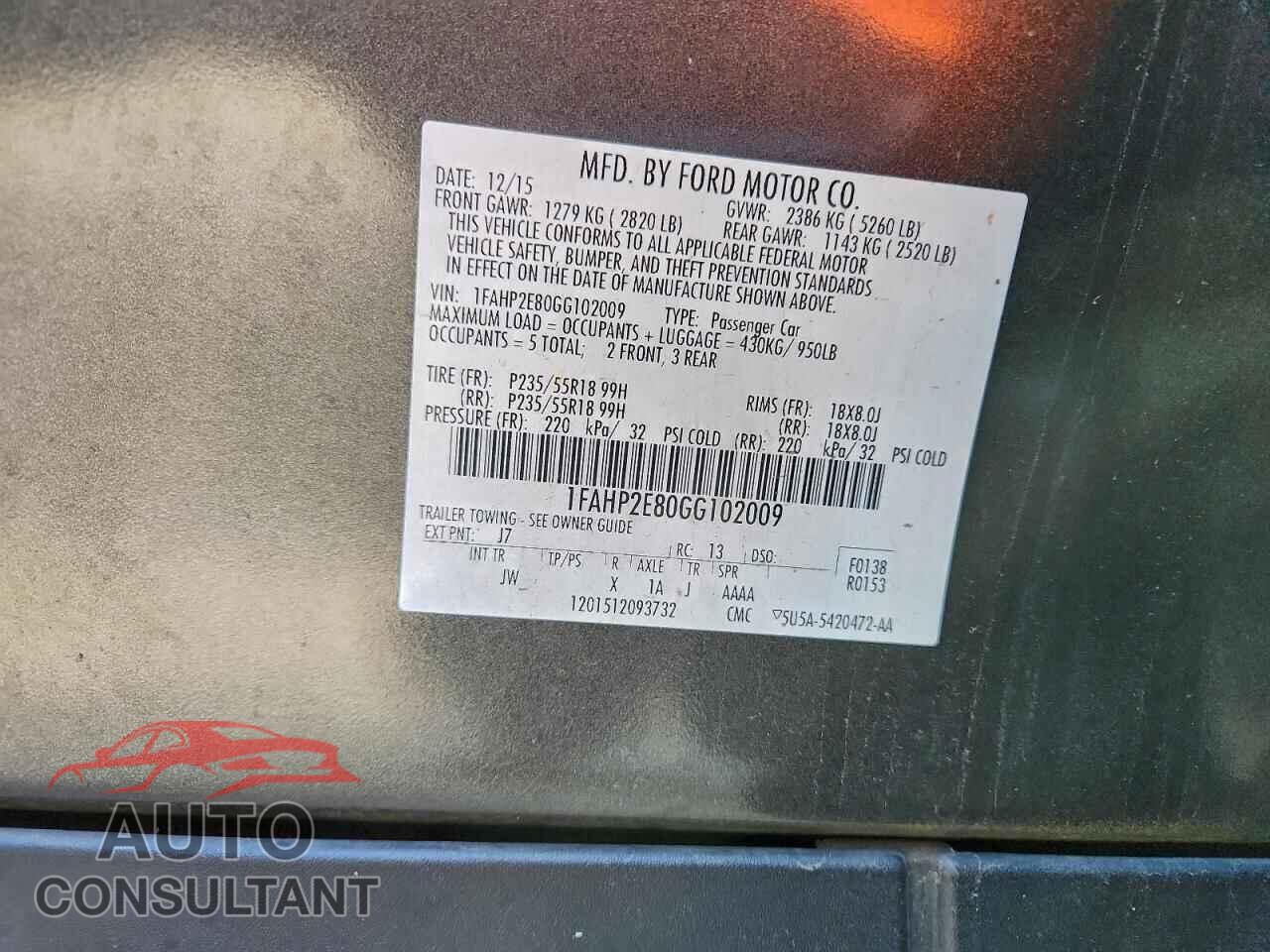 FORD TAURUS 2016 - 1FAHP2E80GG102009