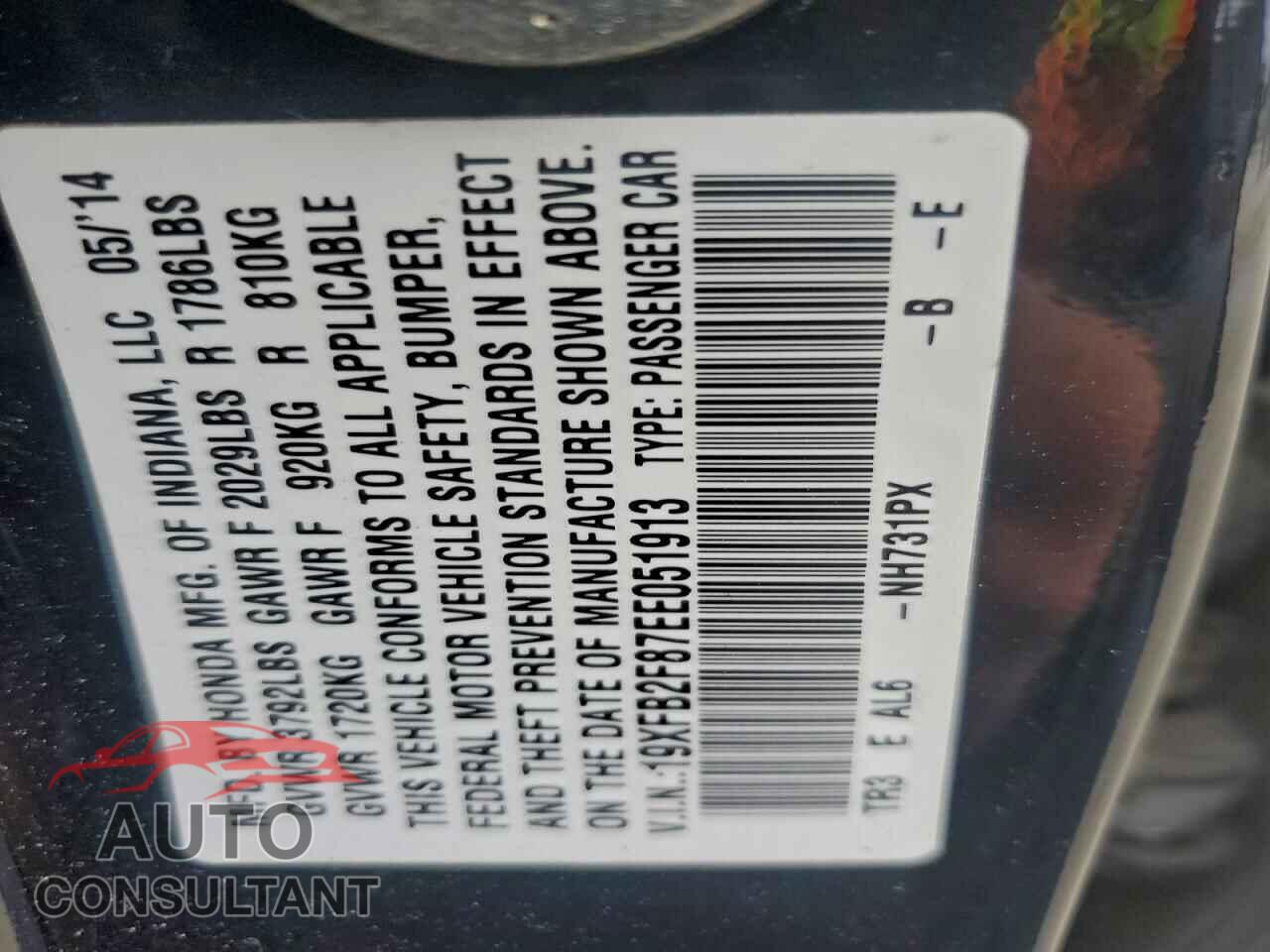 HONDA CIVIC 2014 - 19XFB2F87EE051913