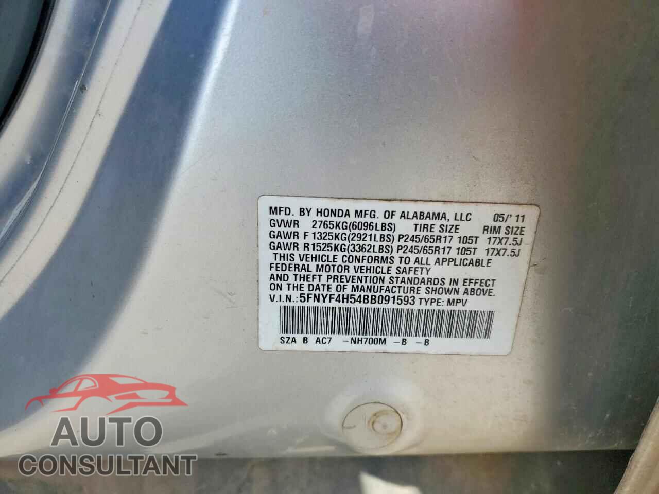 HONDA PILOT 2011 - 5FNYF4H54BB091593