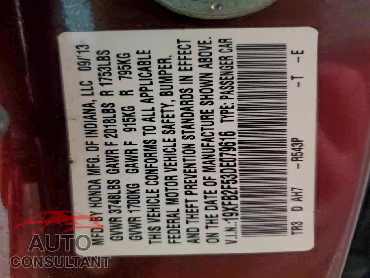 HONDA CIVIC 2013 - 19XFB2F53DE079616