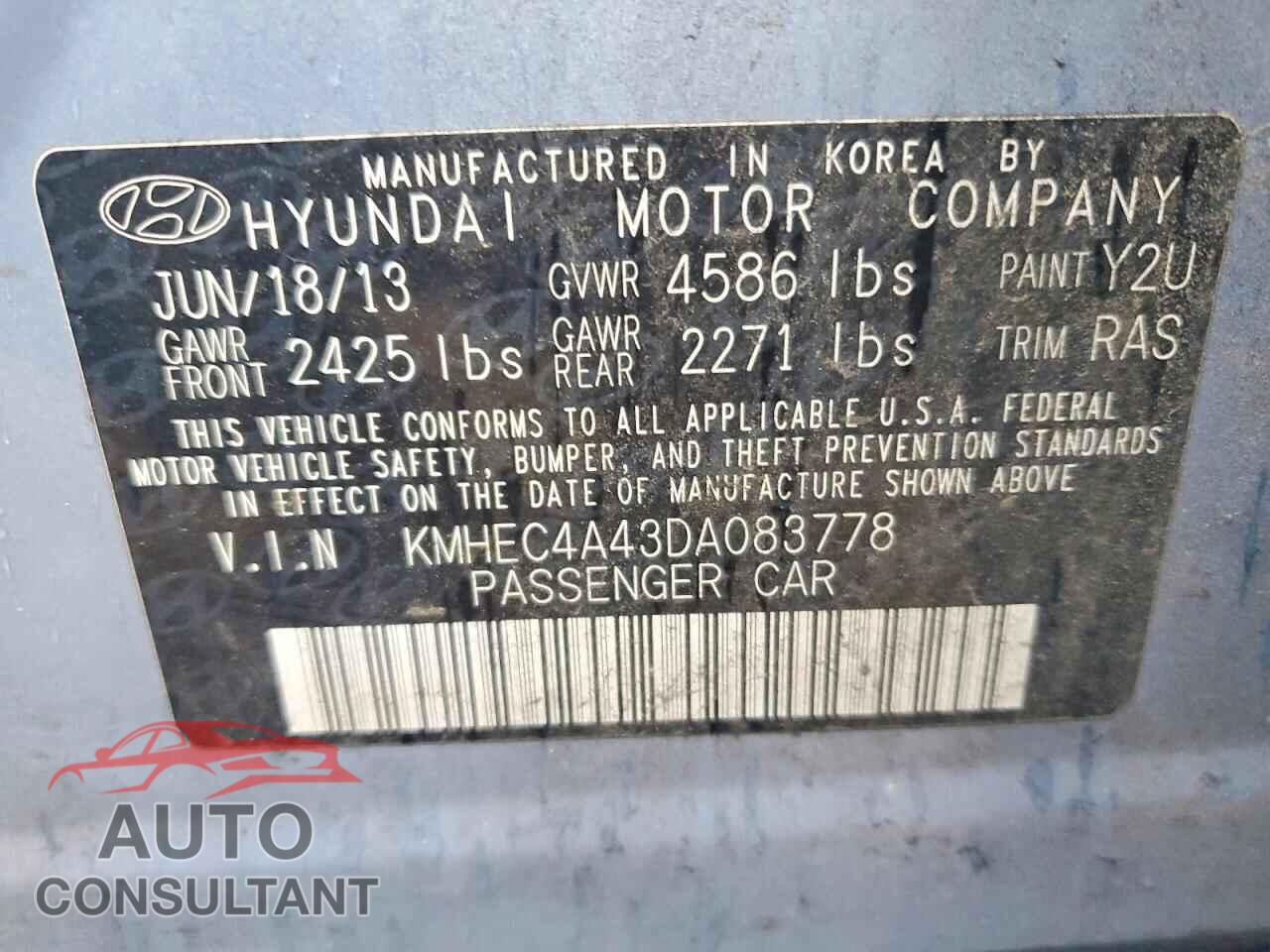 HYUNDAI SONATA 2013 - KMHEC4A43DA083778