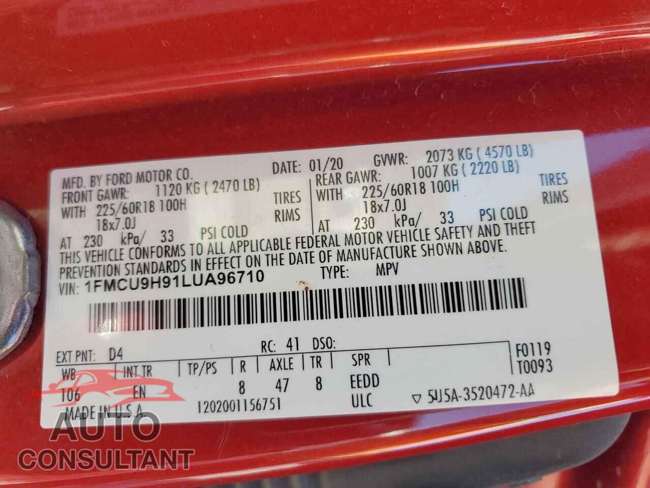 FORD ESCAPE 2020 - 1FMCU9H91LUA96710