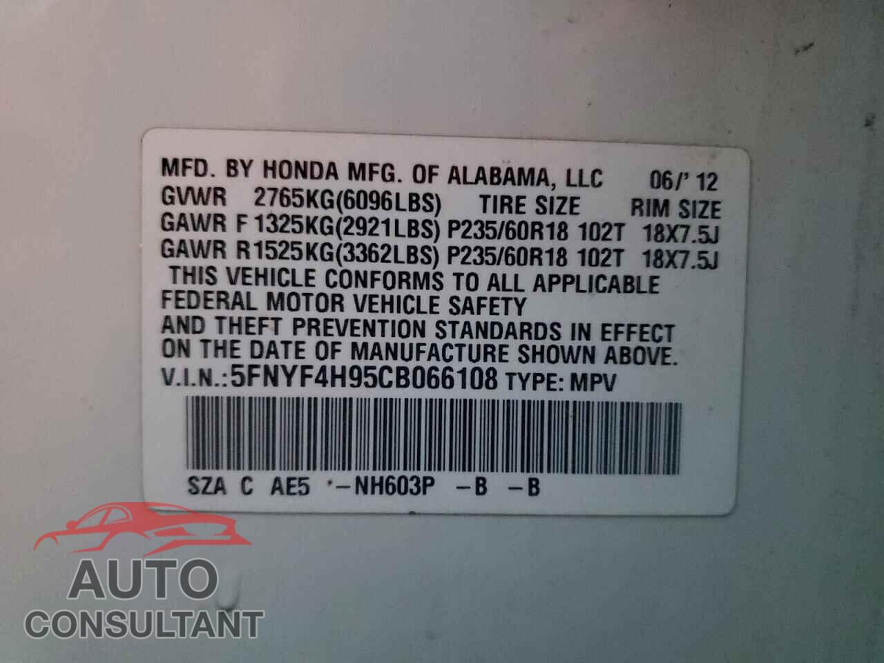 HONDA PILOT 2012 - 5FNYF4H95CB066108