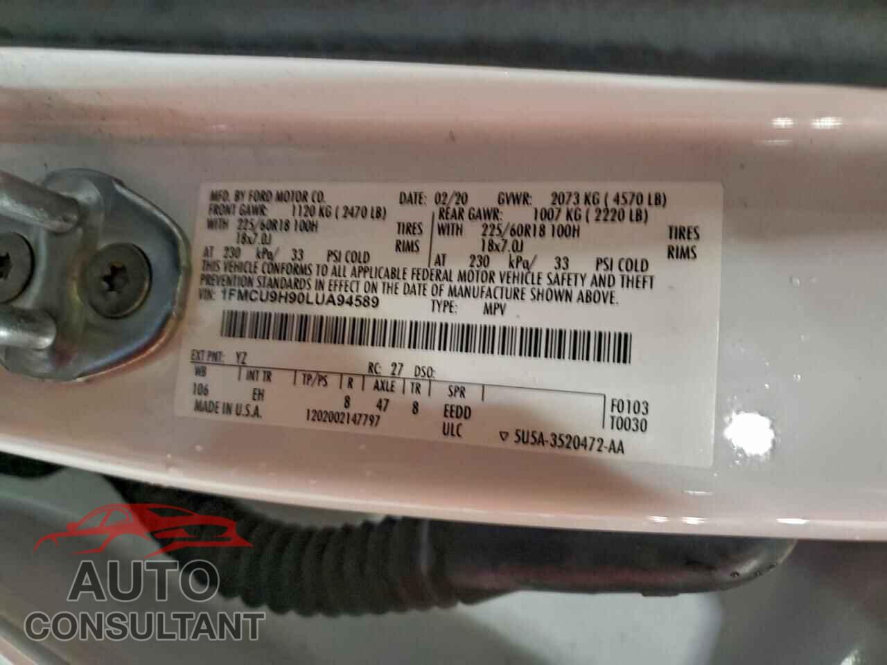 FORD ESCAPE 2020 - 1FMCU9H90LUA94589