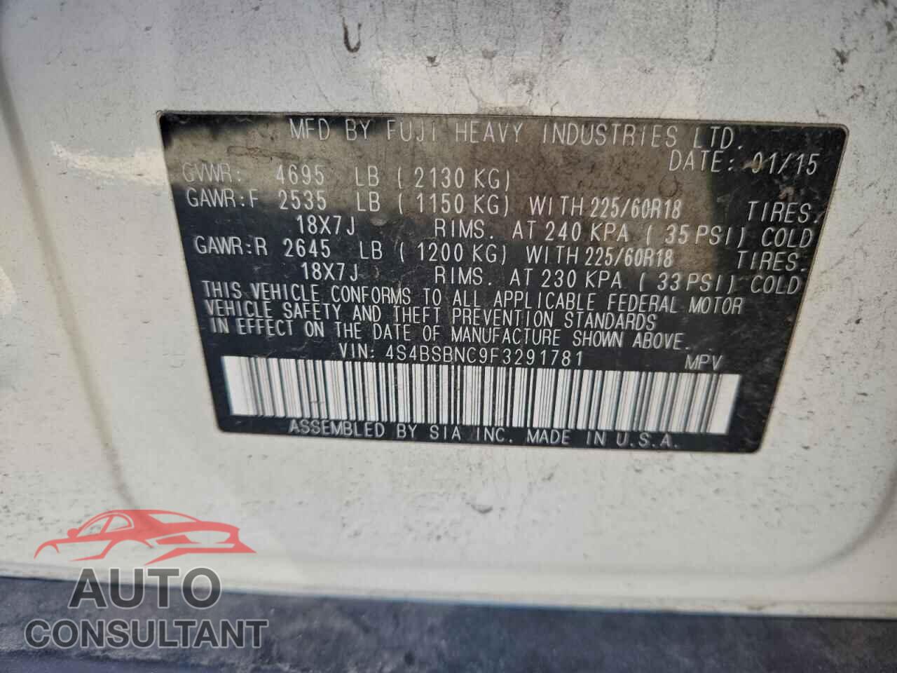 SUBARU OUTBACK 2015 - 4S4BSBNC9F3291781