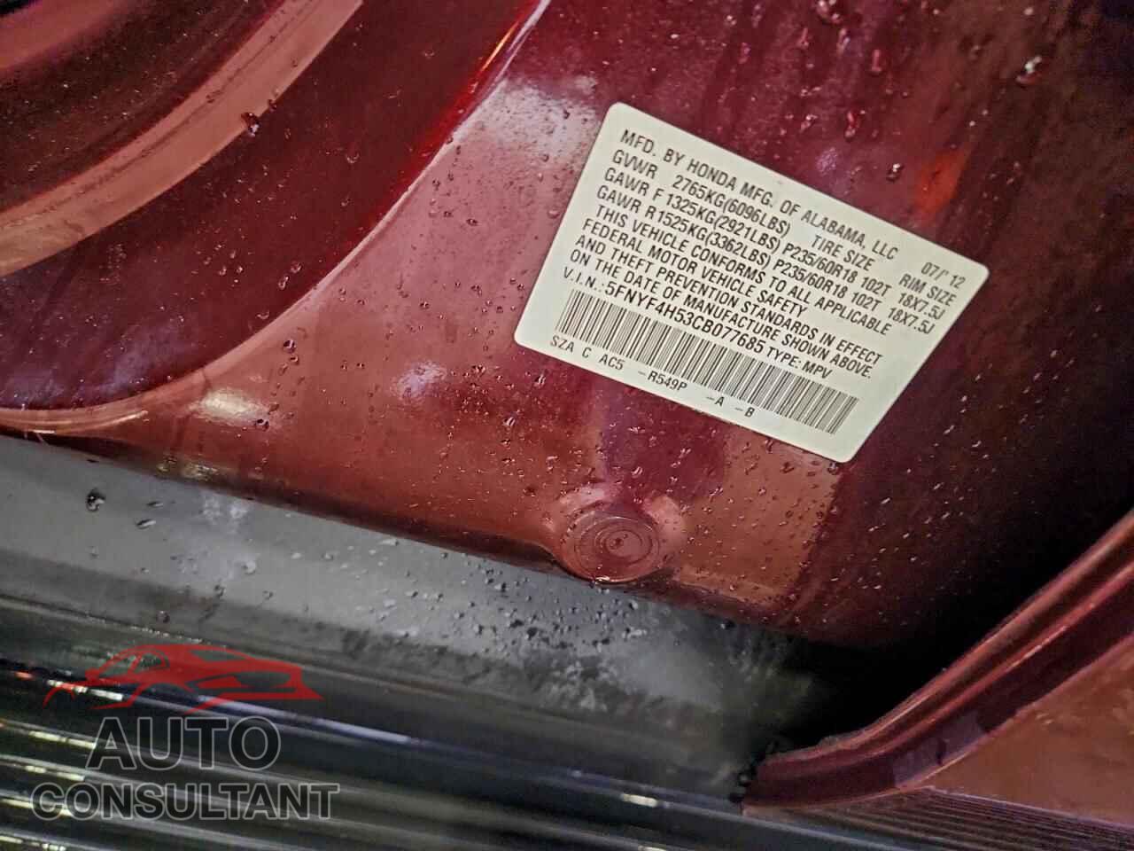 HONDA PILOT 2012 - 5FNYF4H53CB077685