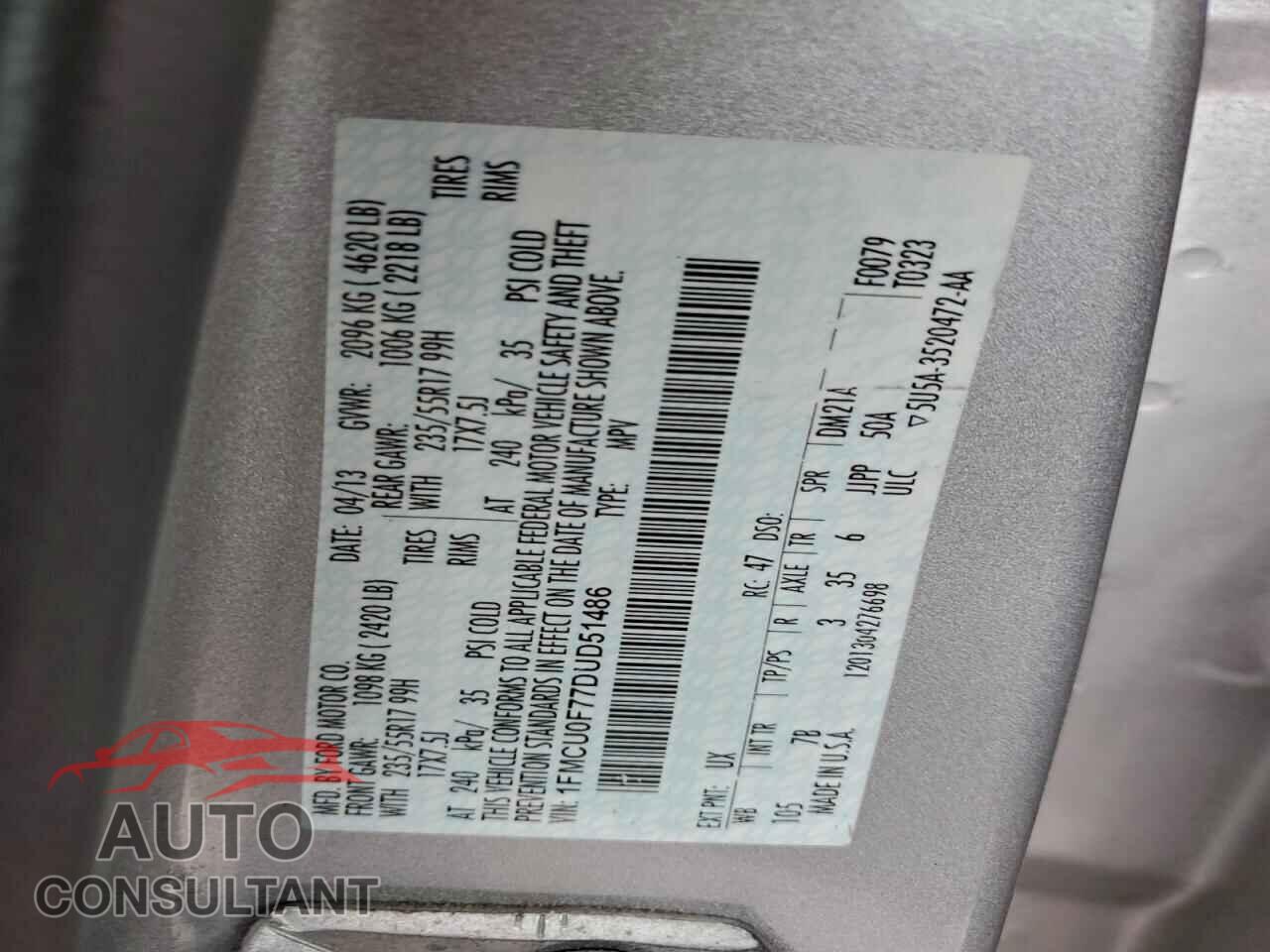 FORD ESCAPE 2013 - 1FMCU0F77DUD51486