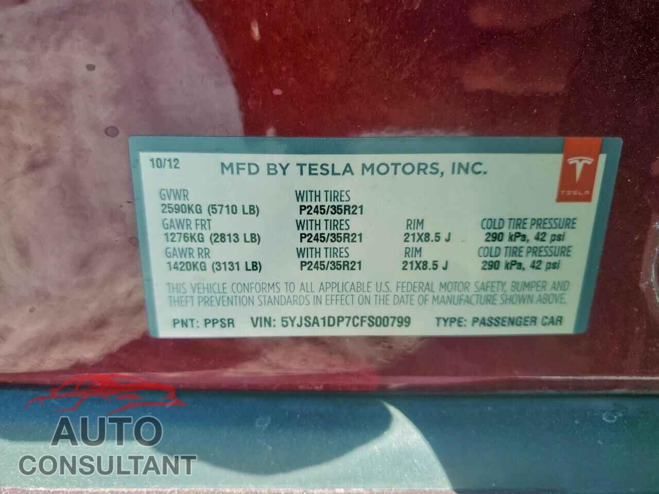 TESLA MODEL S 2012 - 5YJSA1DP7CFS00799
