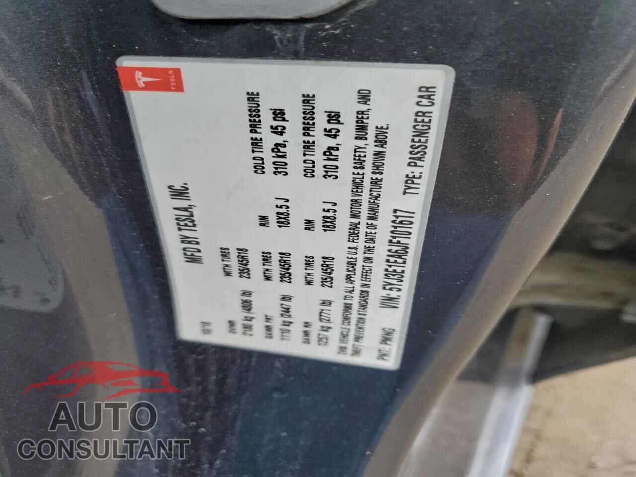 TESLA MODEL 3 2018 - 5YJ3E1EA6JF101617