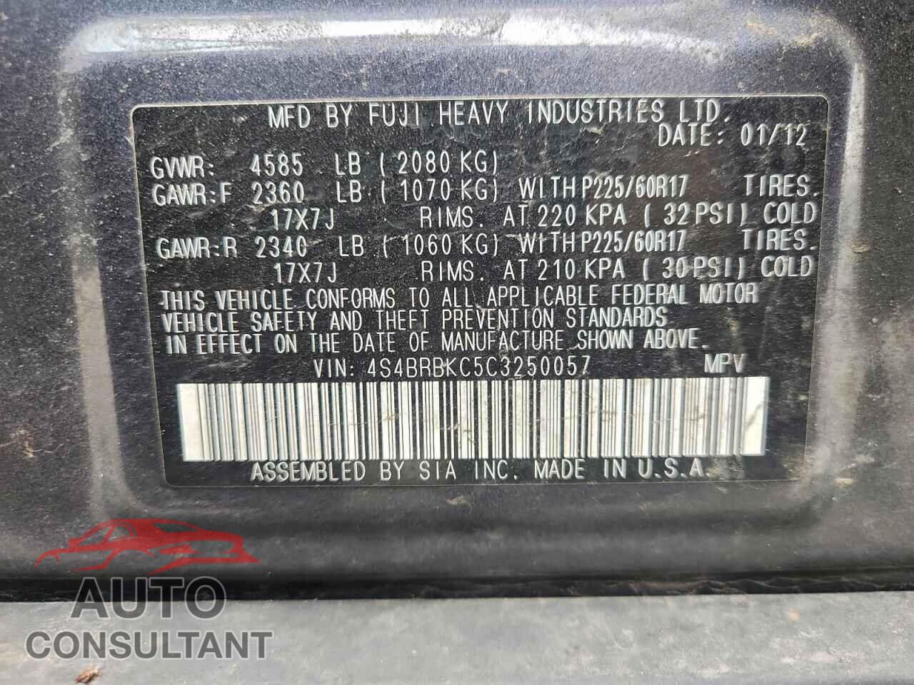 SUBARU OUTBACK 2012 - 4S4BRBKC5C3250057
