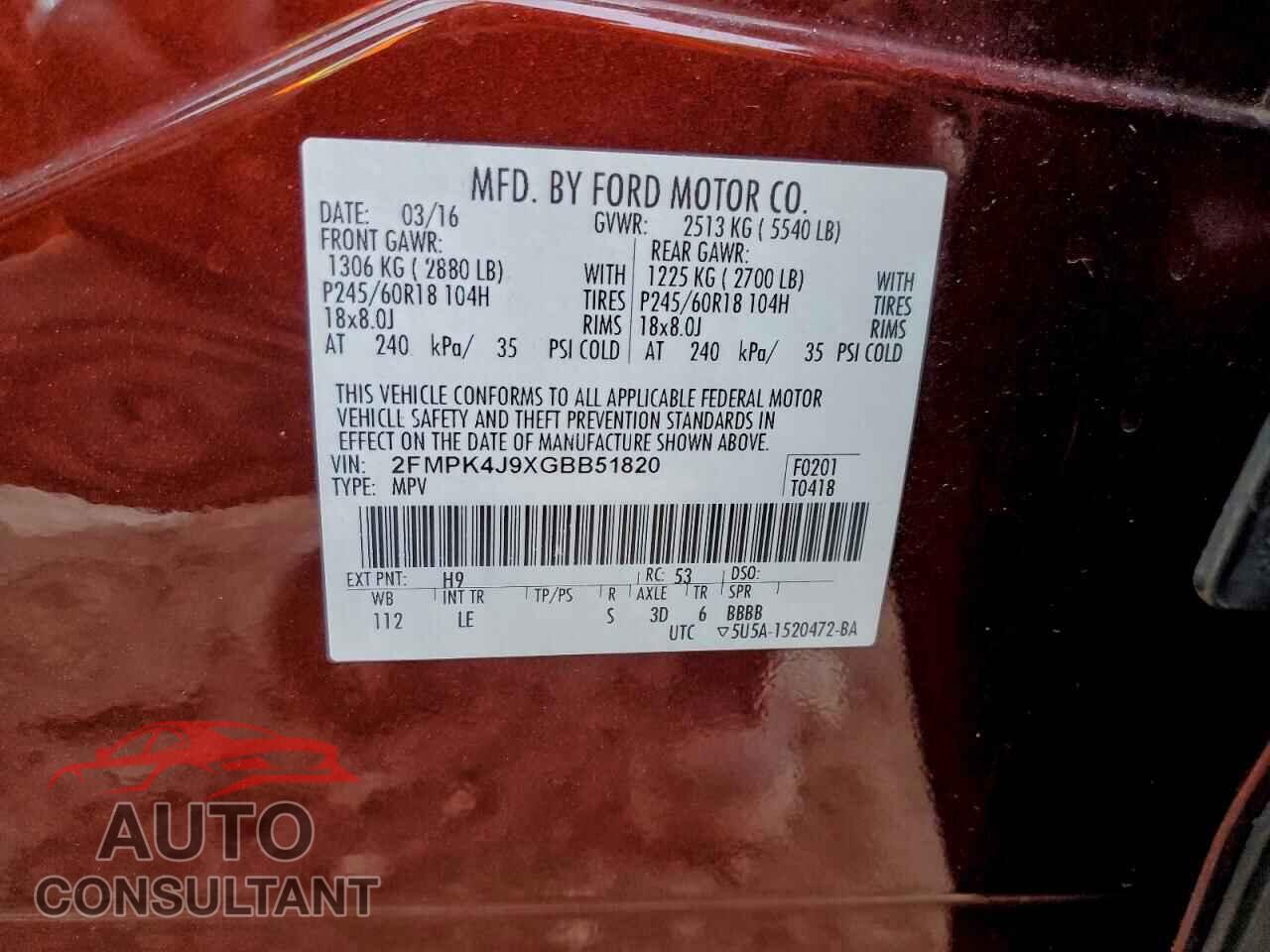 FORD EDGE 2016 - 2FMPK4J9XGBB51820