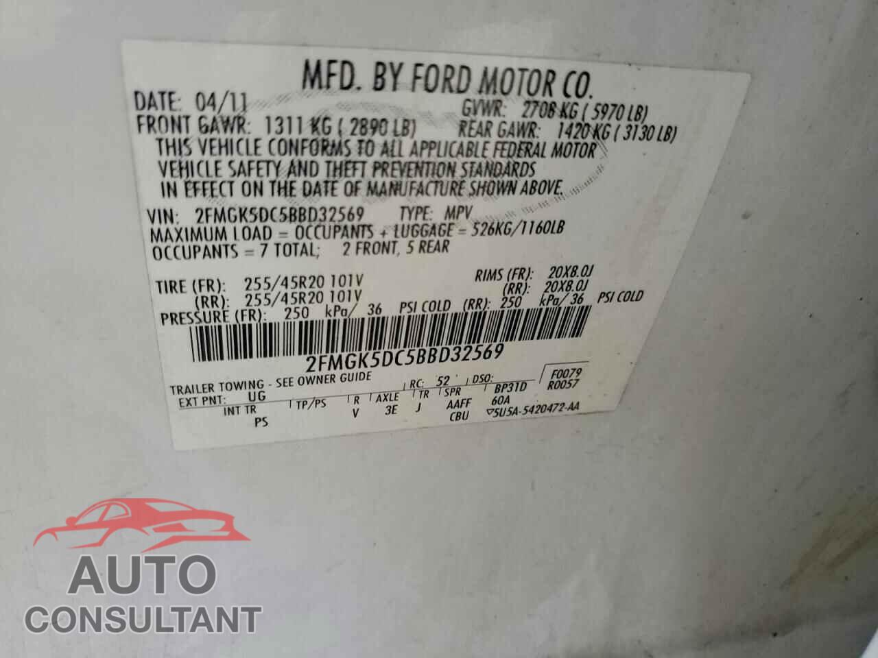 FORD FLEX 2011 - 2FMGK5DC5BBD32569
