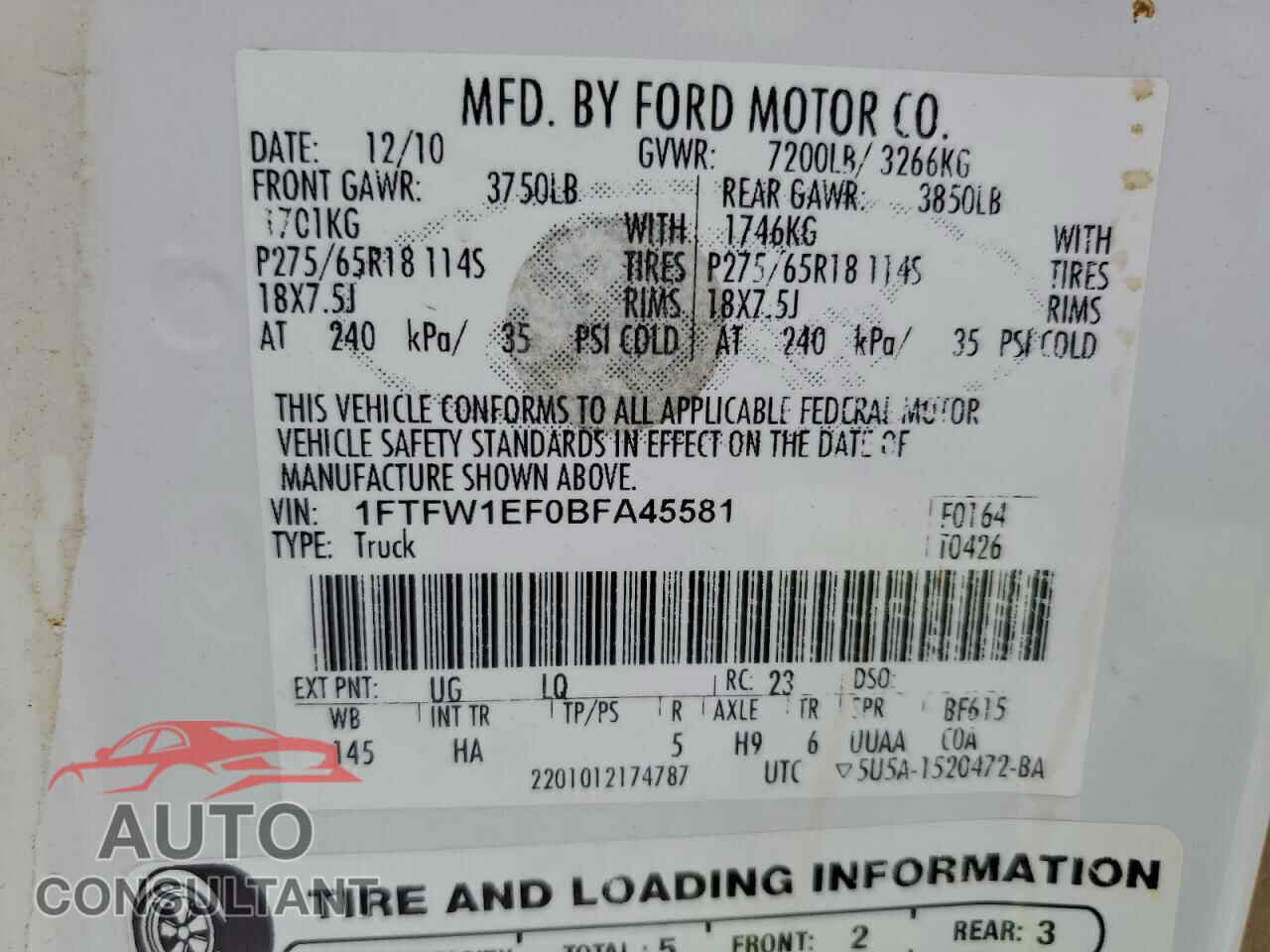 FORD F-150 2011 - 1FTFW1EF0BFA45581