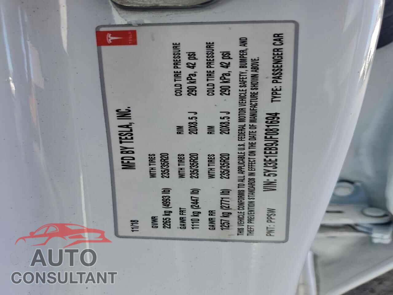 TESLA MODEL 3 2018 - 5YJ3E1EB9JF081694