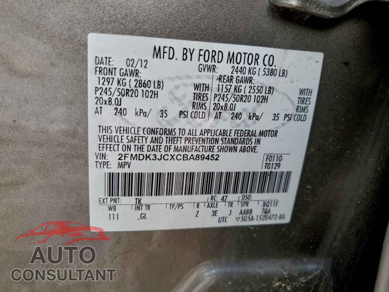 FORD EDGE 2012 - 2FMDK3JCXCBA89452
