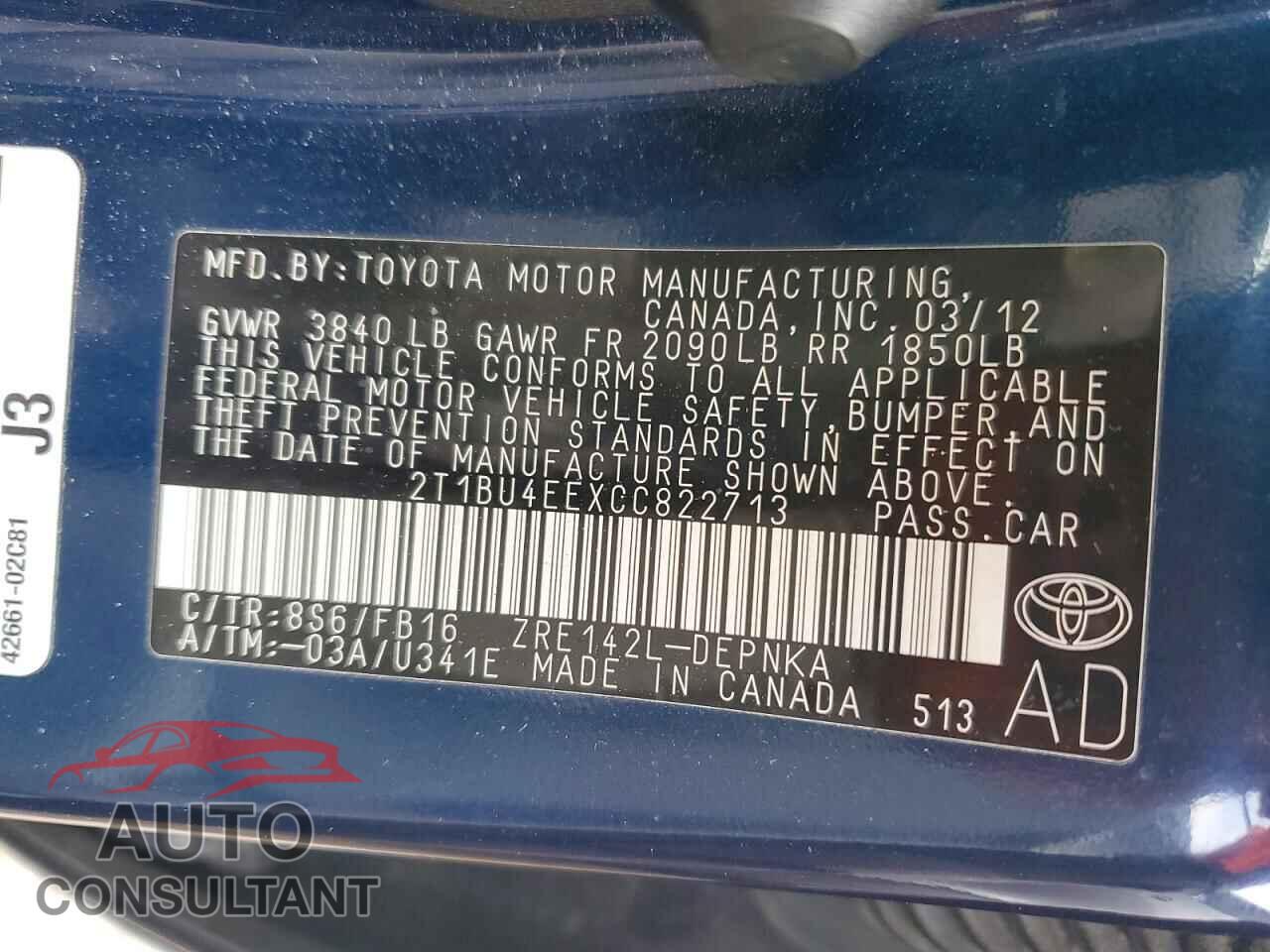 TOYOTA COROLLA 2012 - 2T1BU4EEXCC822713