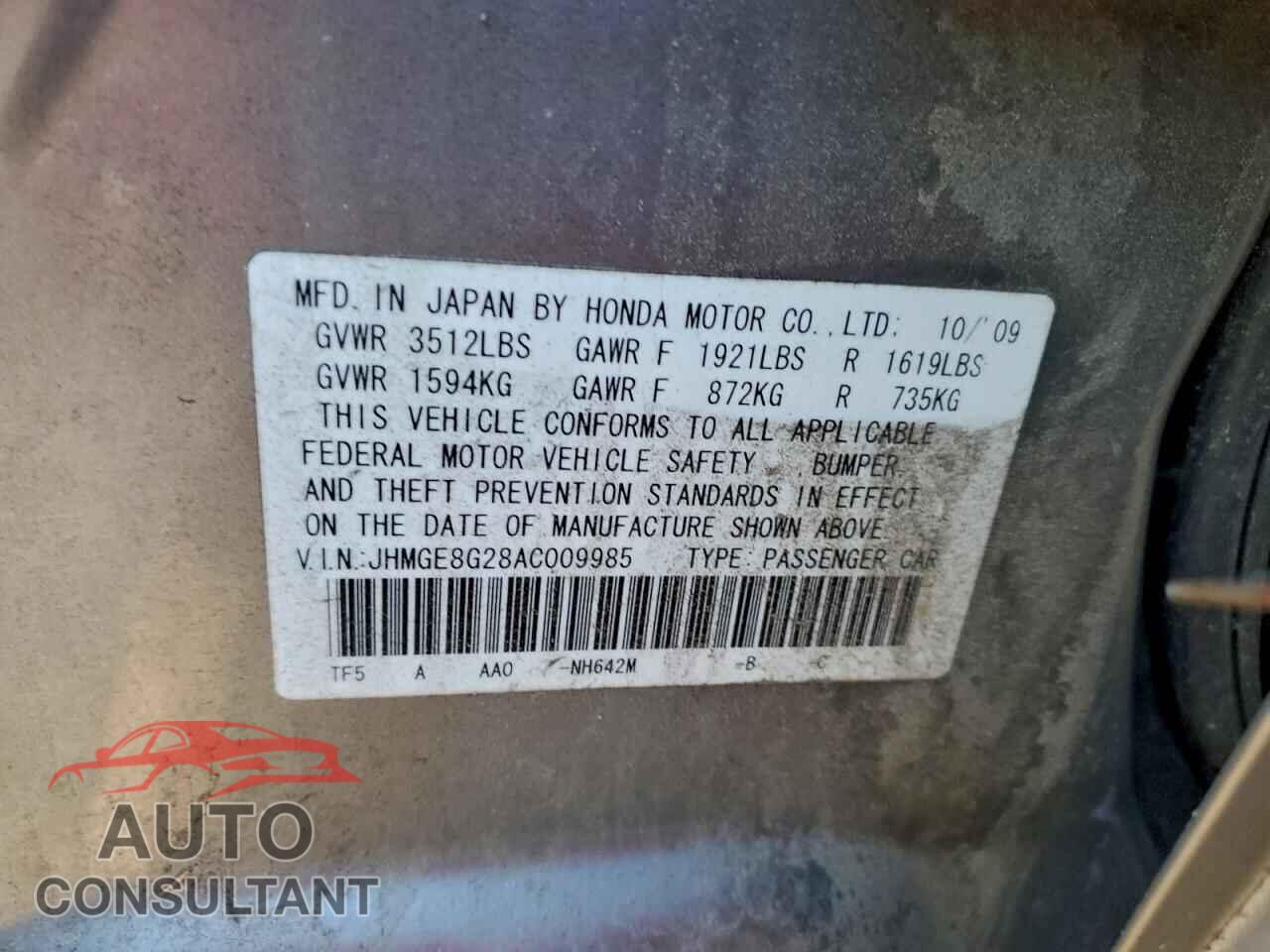 HONDA FIT 2010 - JHMGE8G28AC009985
