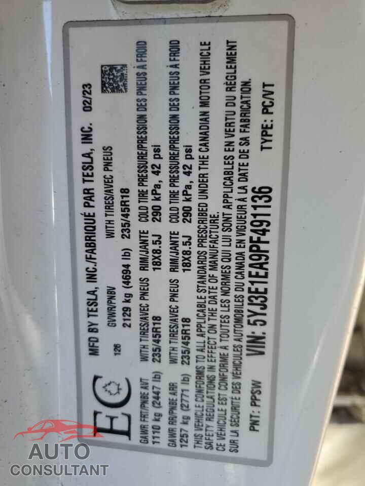 TESLA MODEL 3 2023 - 5YJ3E1EA9PF491136