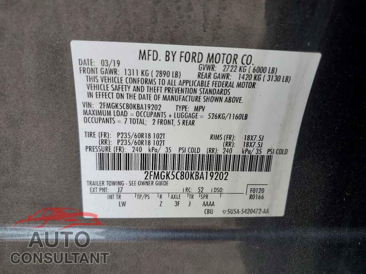 FORD FLEX 2019 - 2FMGK5C80KBA19202