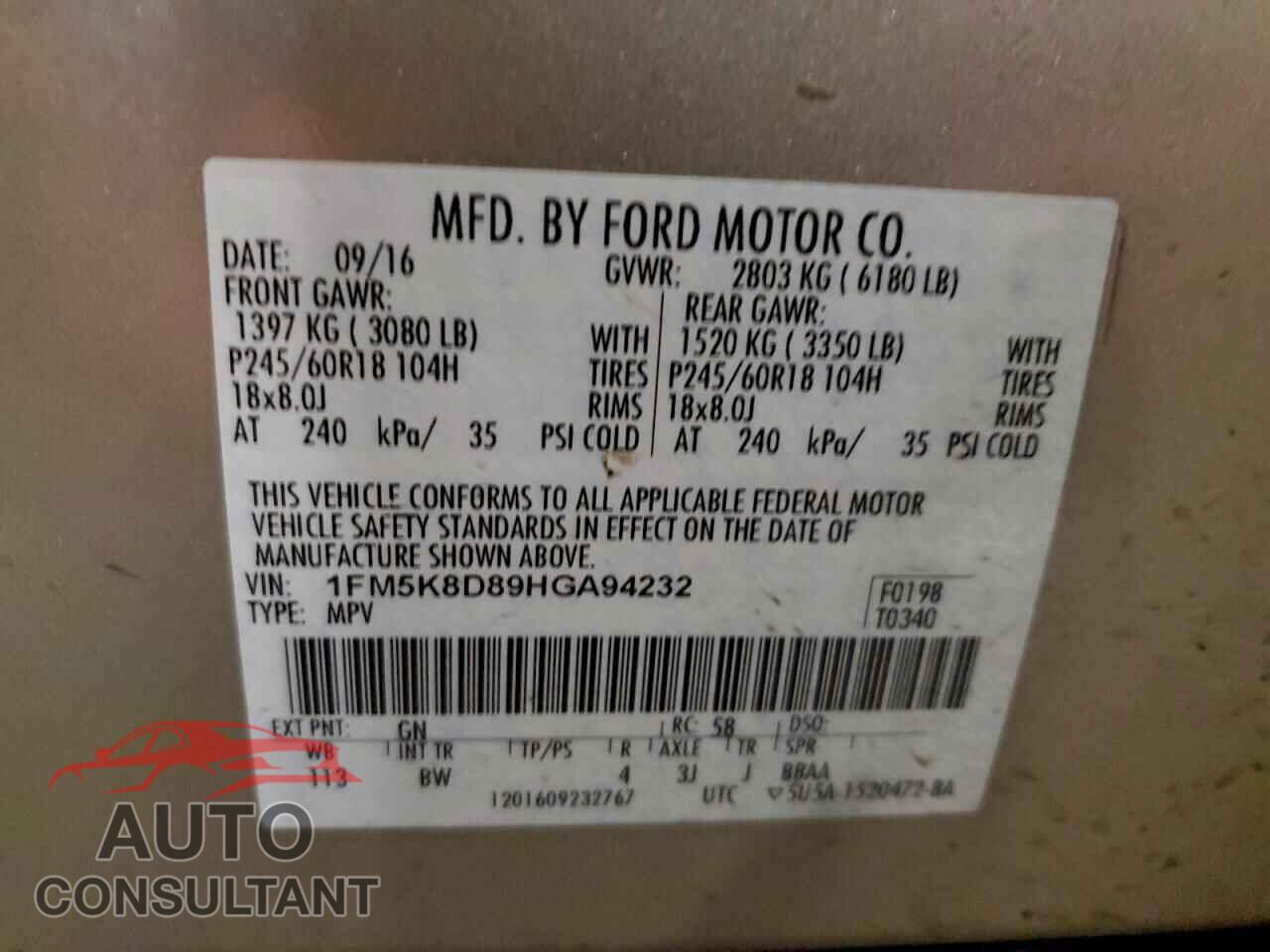 FORD EXPLORER 2017 - 1FM5K8D89HGA94232