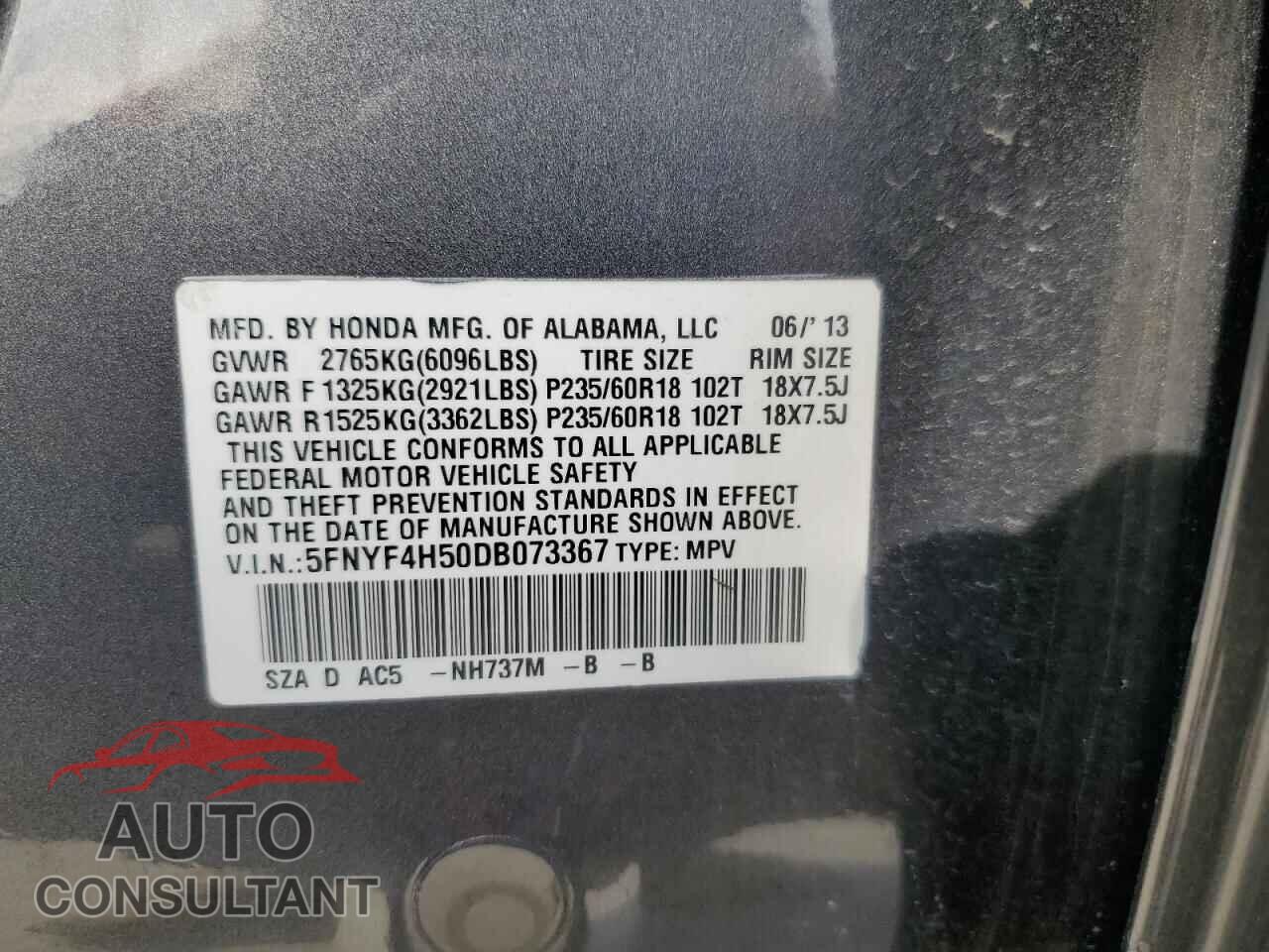 HONDA PILOT 2013 - 5FNYF4H50DB073367