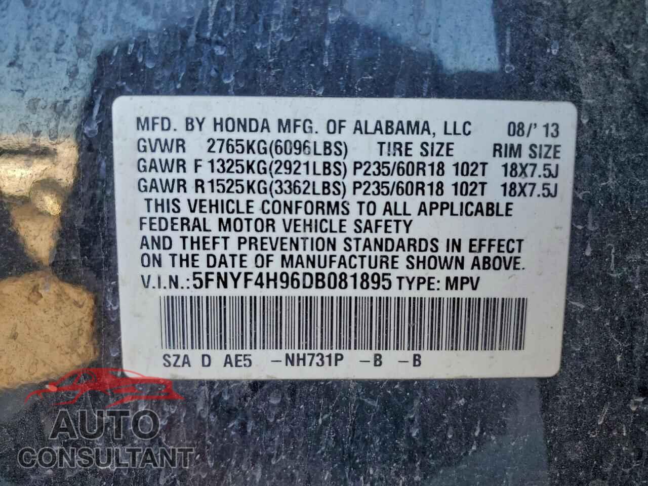 HONDA PILOT 2013 - 5FNYF4H96DB081895
