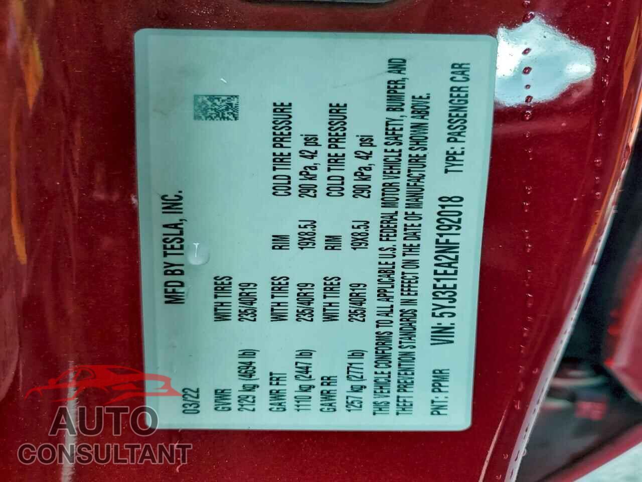 TESLA MODEL 3 2022 - 5YJ3E1EA2NF192018