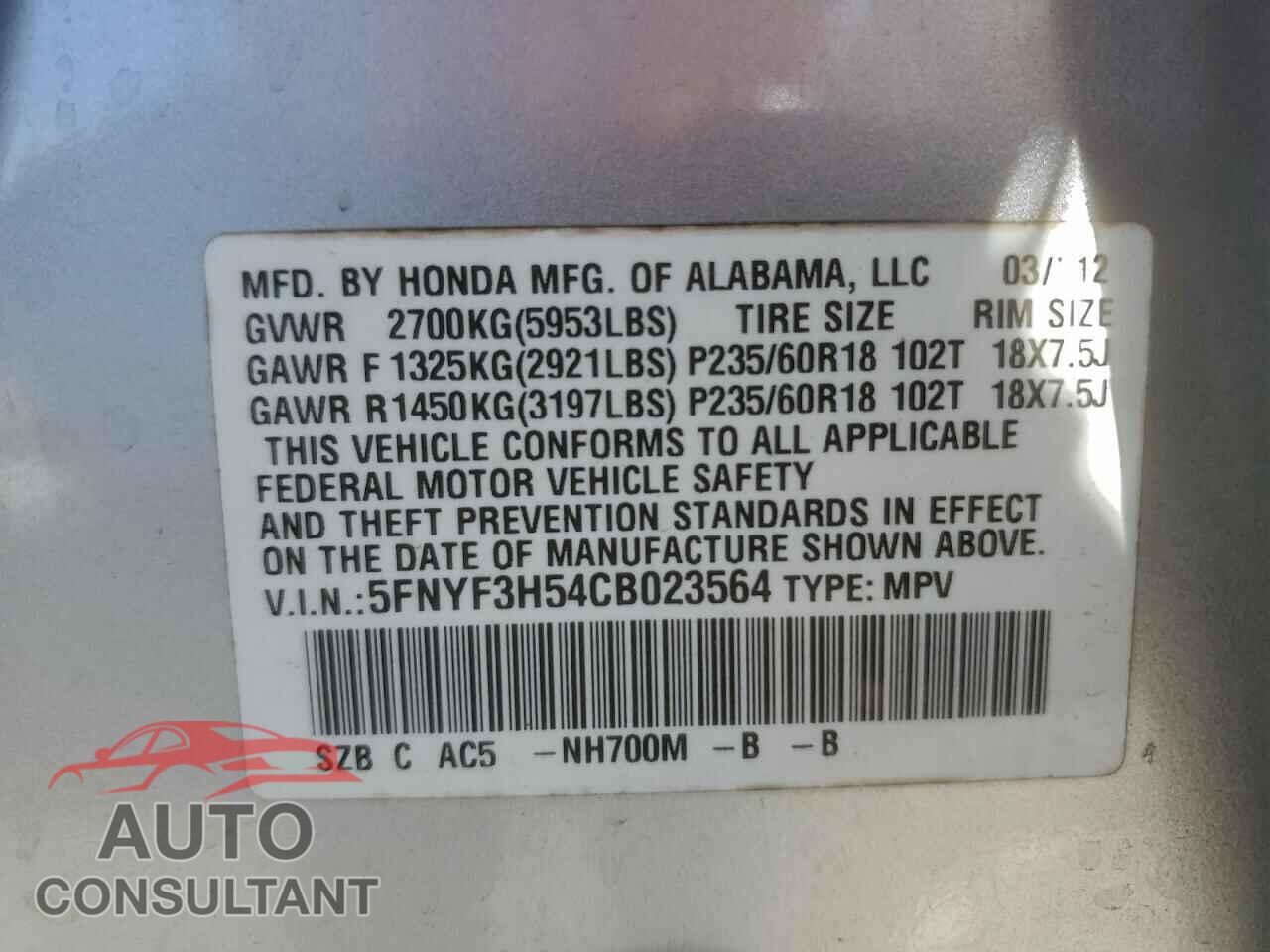 HONDA PILOT 2012 - 5FNYF3H54CB023564