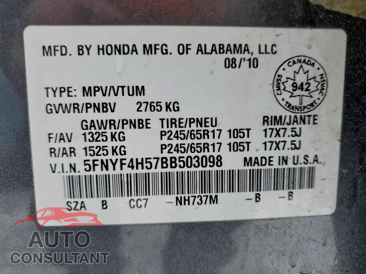 HONDA PILOT 2011 - 5FNYF4H57BB503098