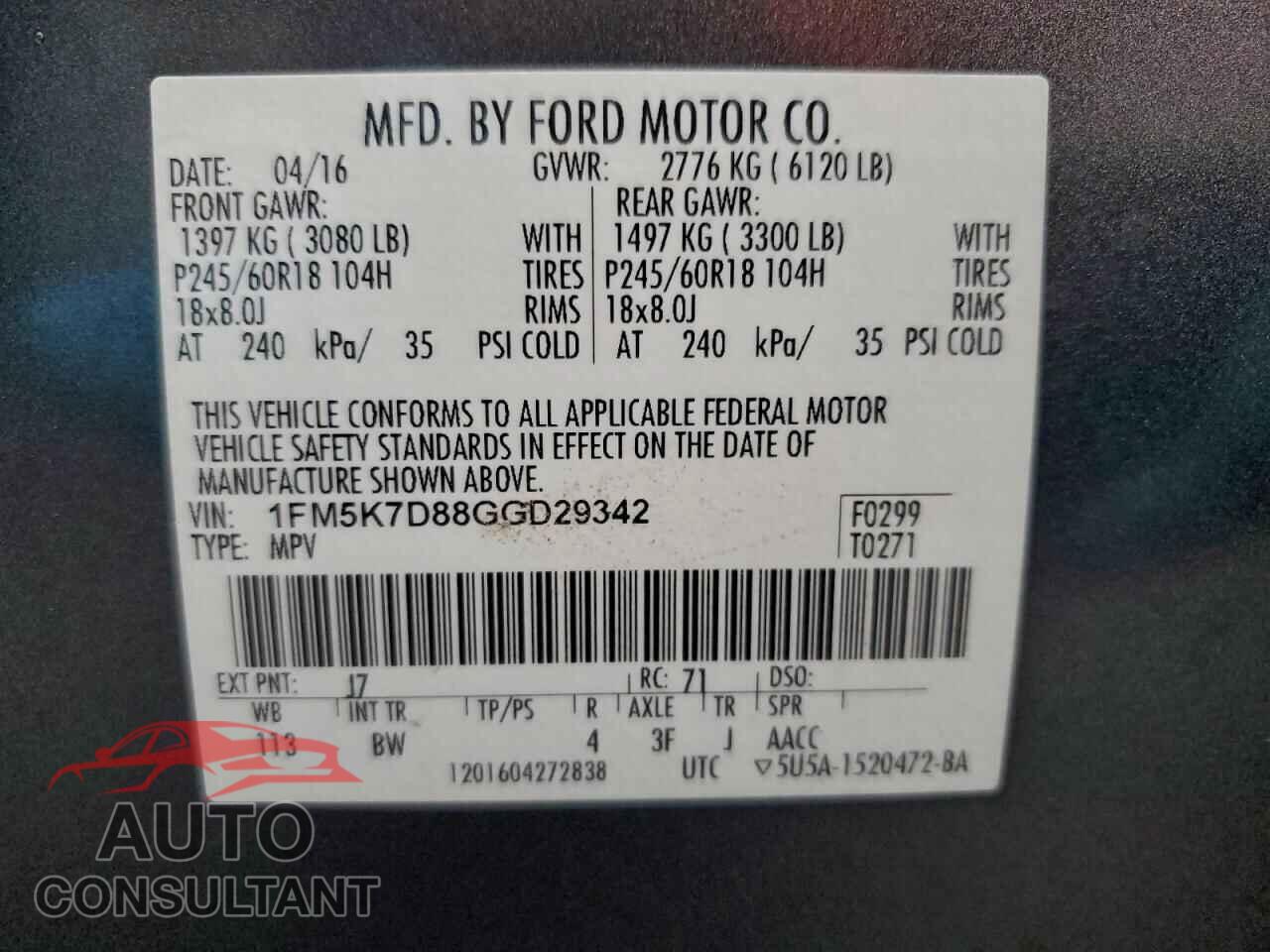 FORD EXPLORER 2016 - 1FM5K7D88GGD29342