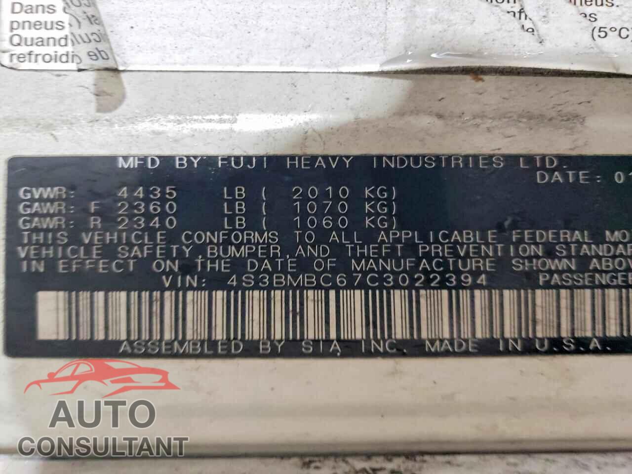 SUBARU LEGACY 2012 - 4S3BMBC67C3022394