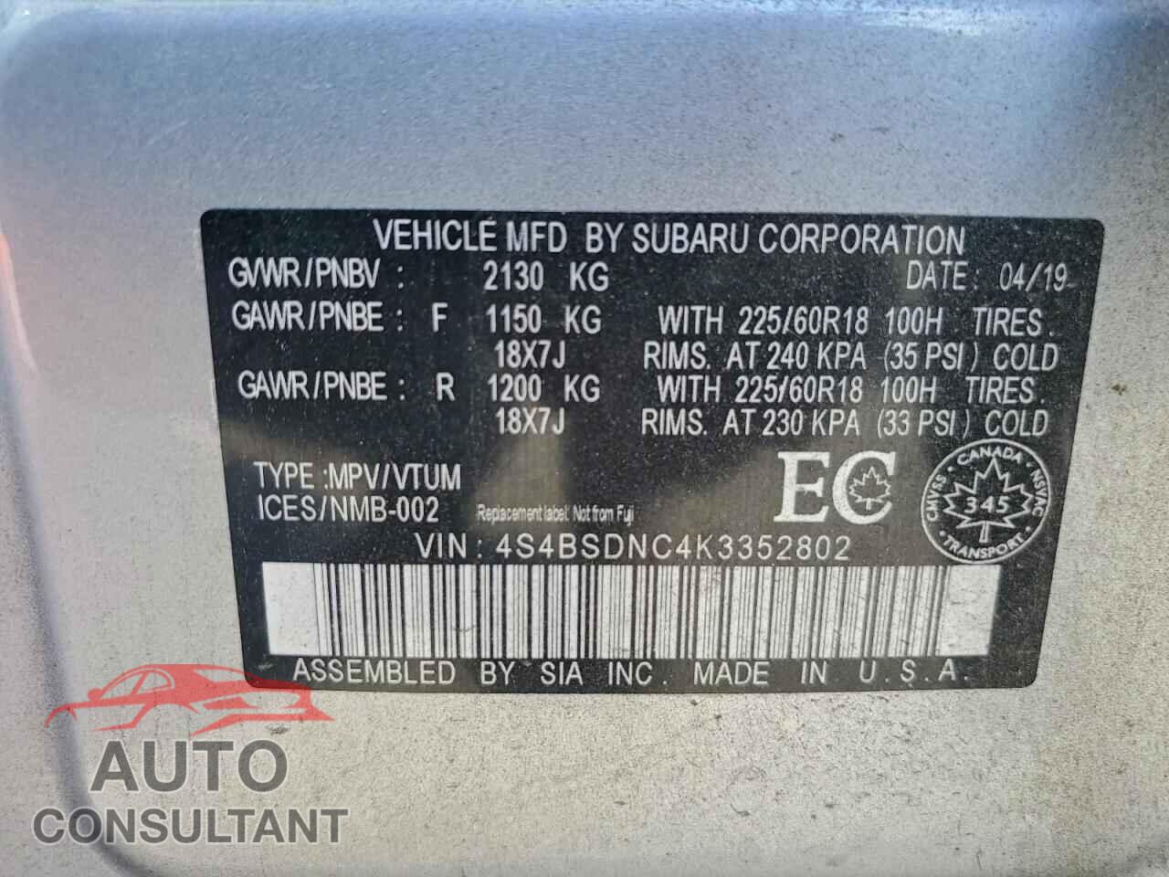 SUBARU OUTBACK 2019 - 4S4BSDNC4K3352802