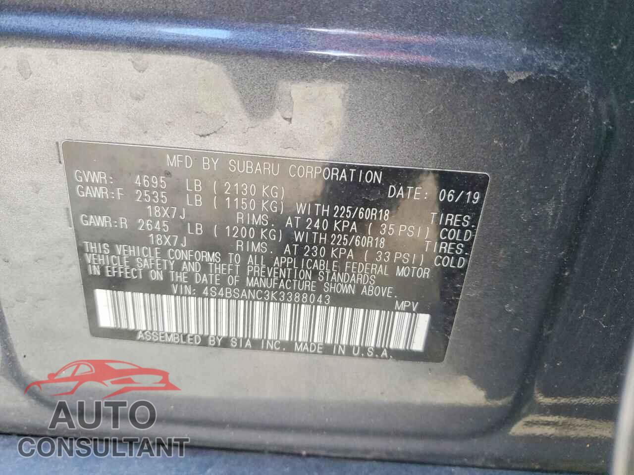 SUBARU OUTBACK 2019 - 4S4BSANC3K3388043