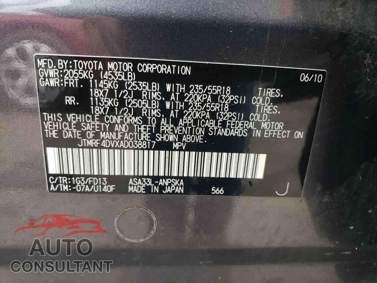 TOYOTA RAV4 2010 - JTMRF4DVXAD038817