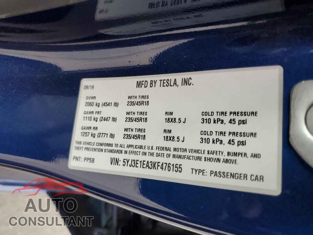 TESLA MODEL 3 2019 - 5YJ3E1EA3KF476155