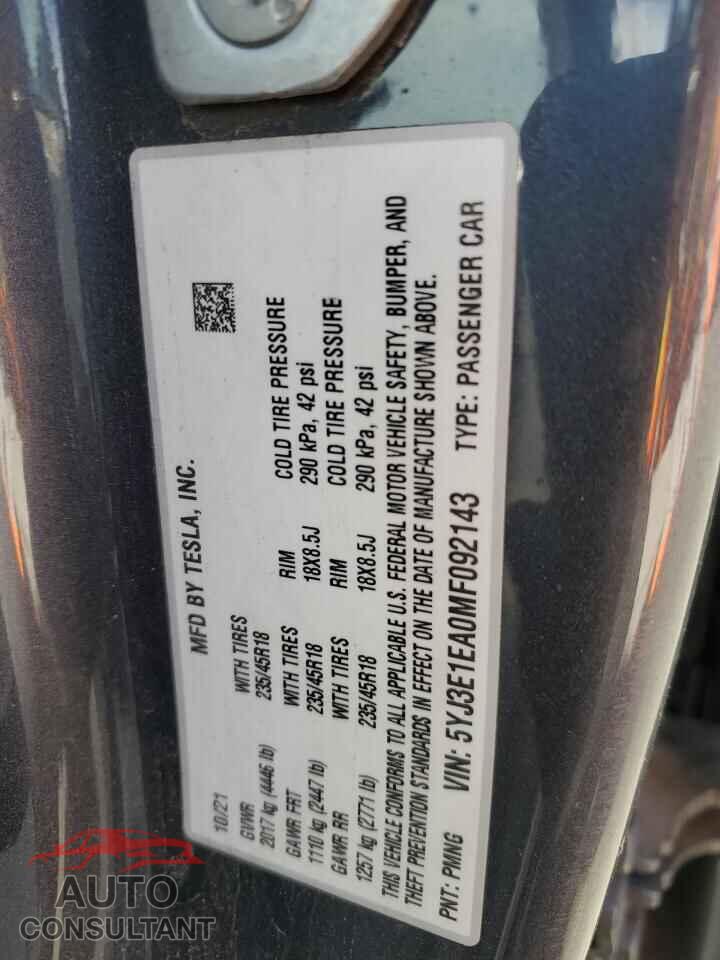 TESLA MODEL 3 2021 - 5YJ3E1EA0MF092143
