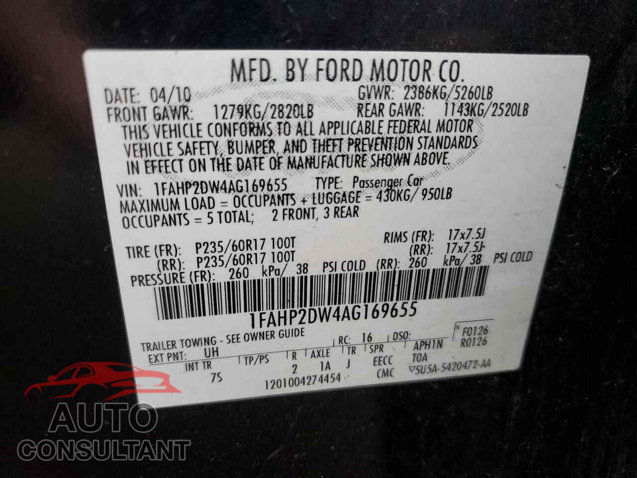 FORD TAURUS 2010 - 1FAHP2DW4AG169655
