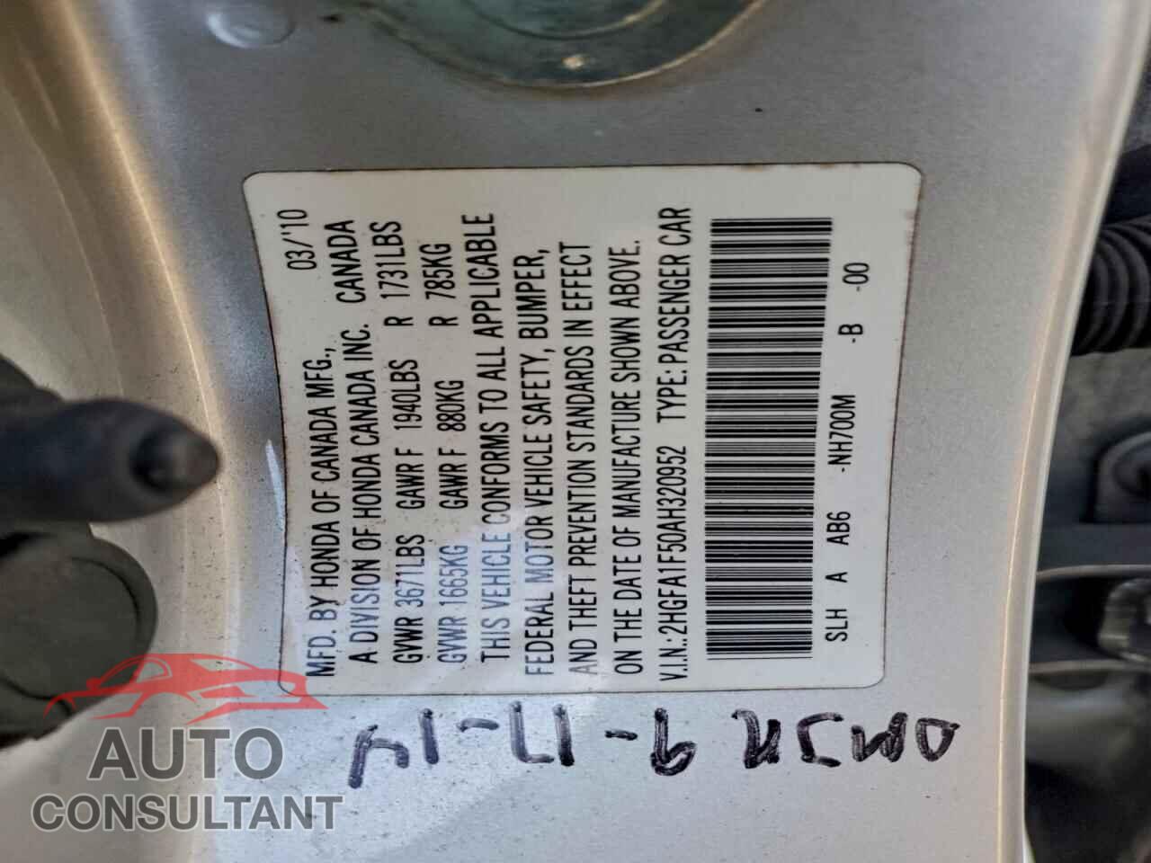 HONDA CIVIC 2010 - 2HGFA1F50AH320952