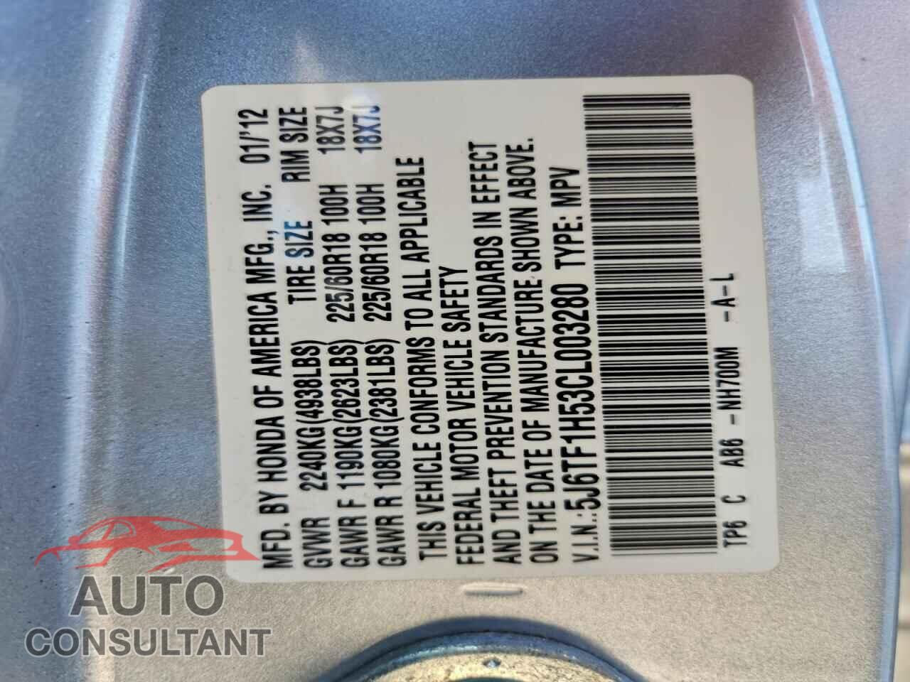 HONDA CROSSTOUR 2012 - 5J6TF1H53CL003280
