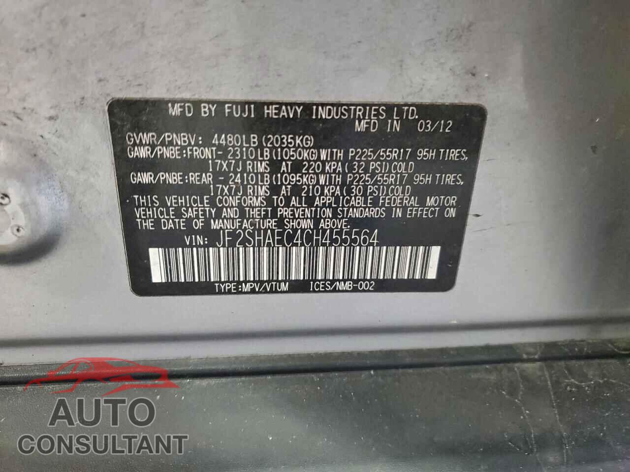 SUBARU FORESTER 2012 - JF2SHAEC4CH455564