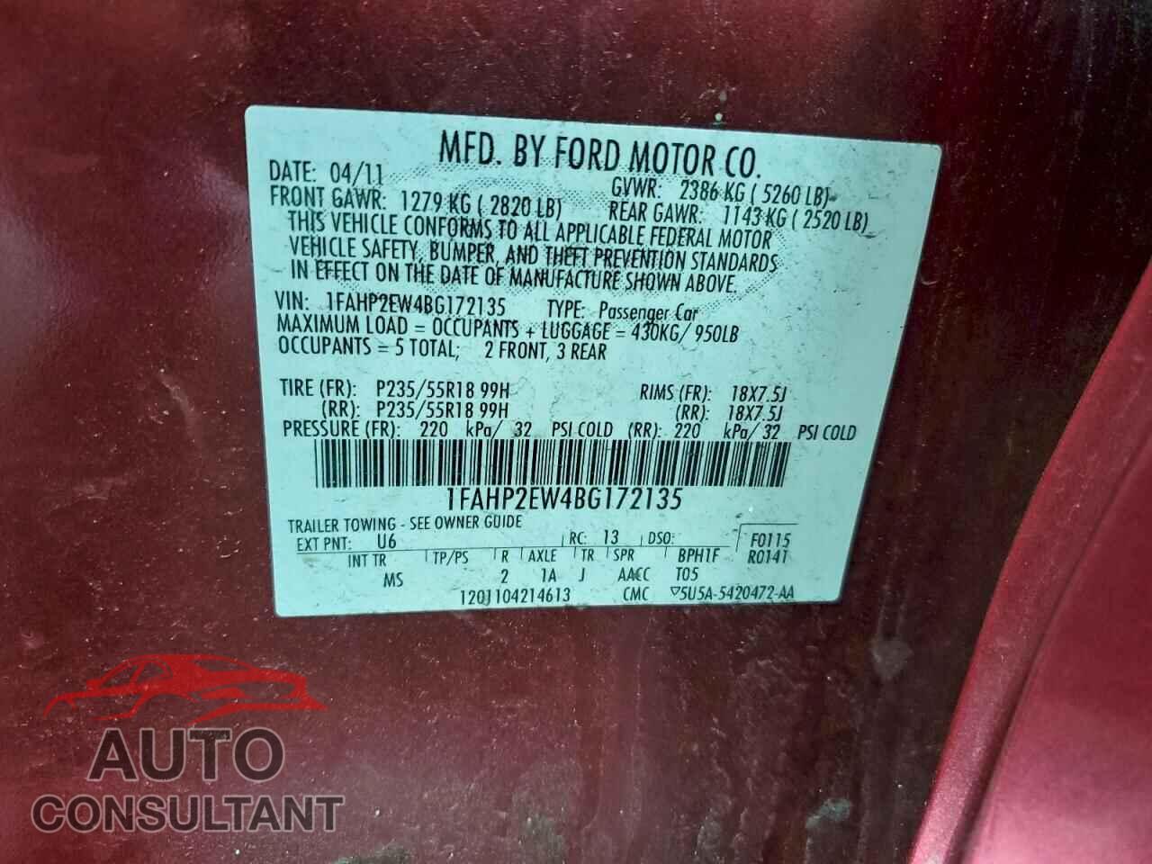 FORD TAURUS 2011 - 1FAHP2EW4BG172135