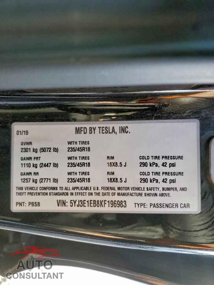 TESLA MODEL 3 2019 - 5YJ3E1EB8KF196983