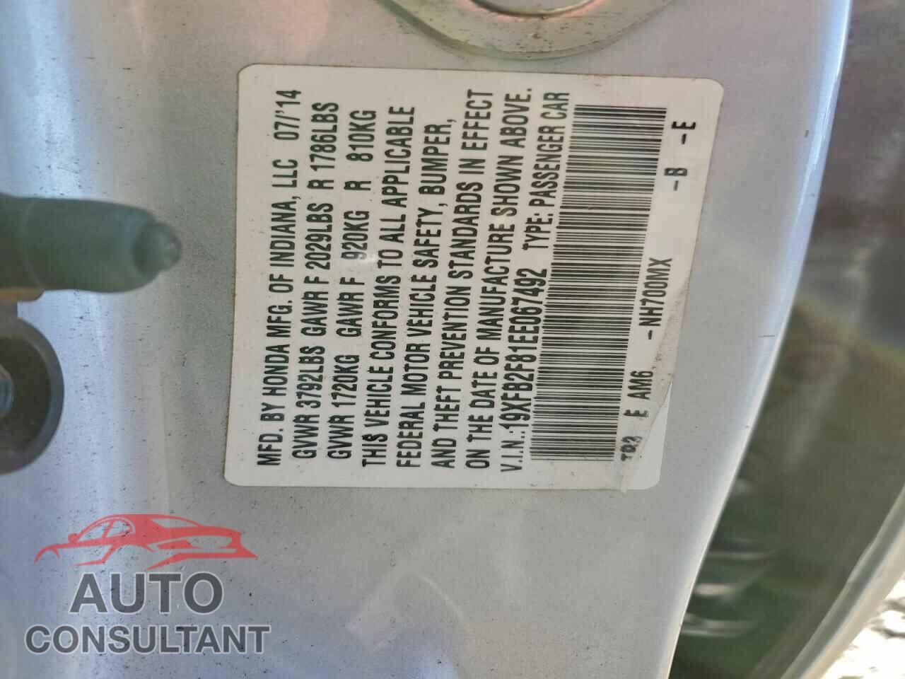 HONDA CIVIC 2014 - 19XFB2F81EE067492