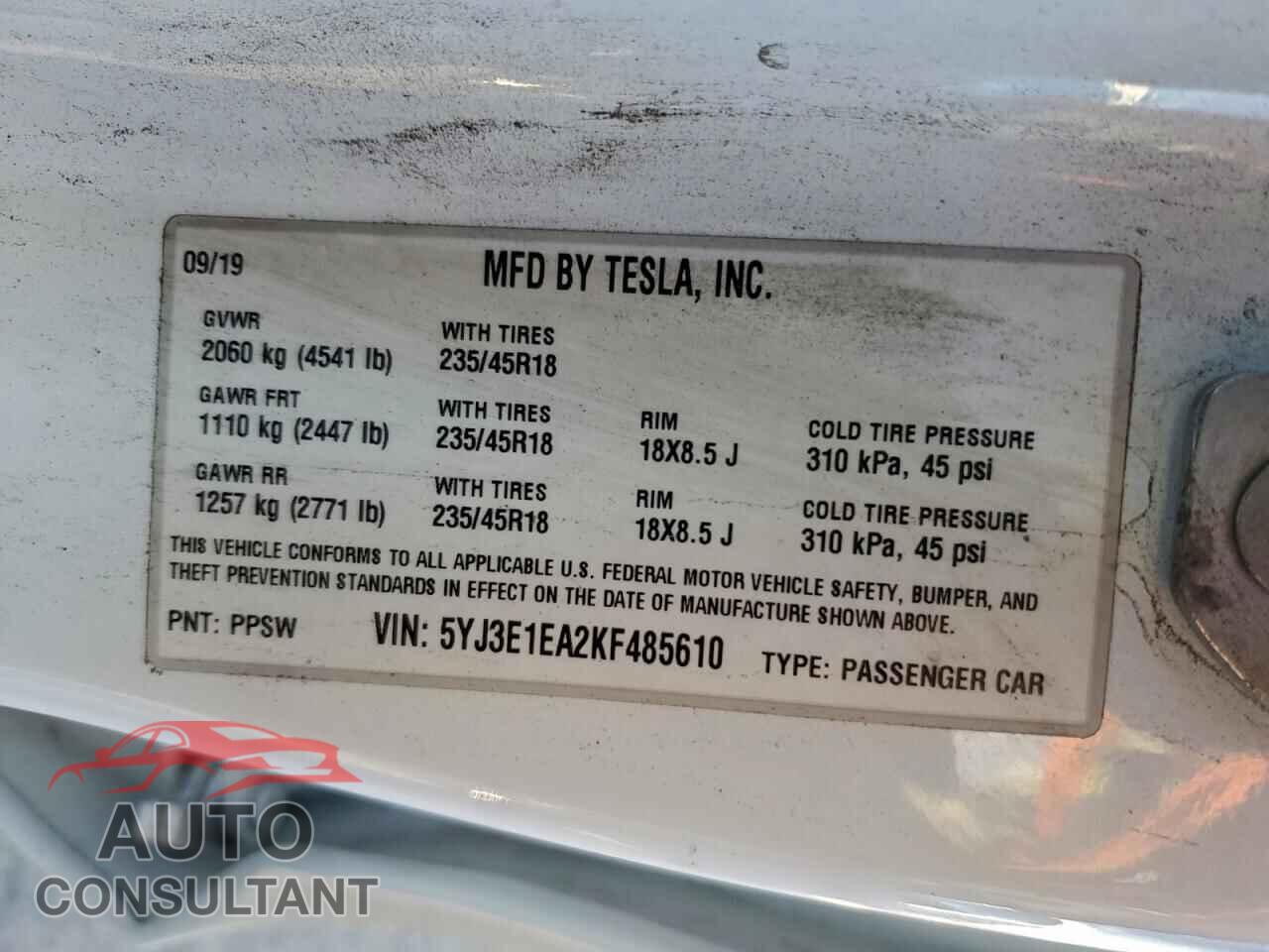 TESLA MODEL 3 2019 - 5YJ3E1EA2KF485610