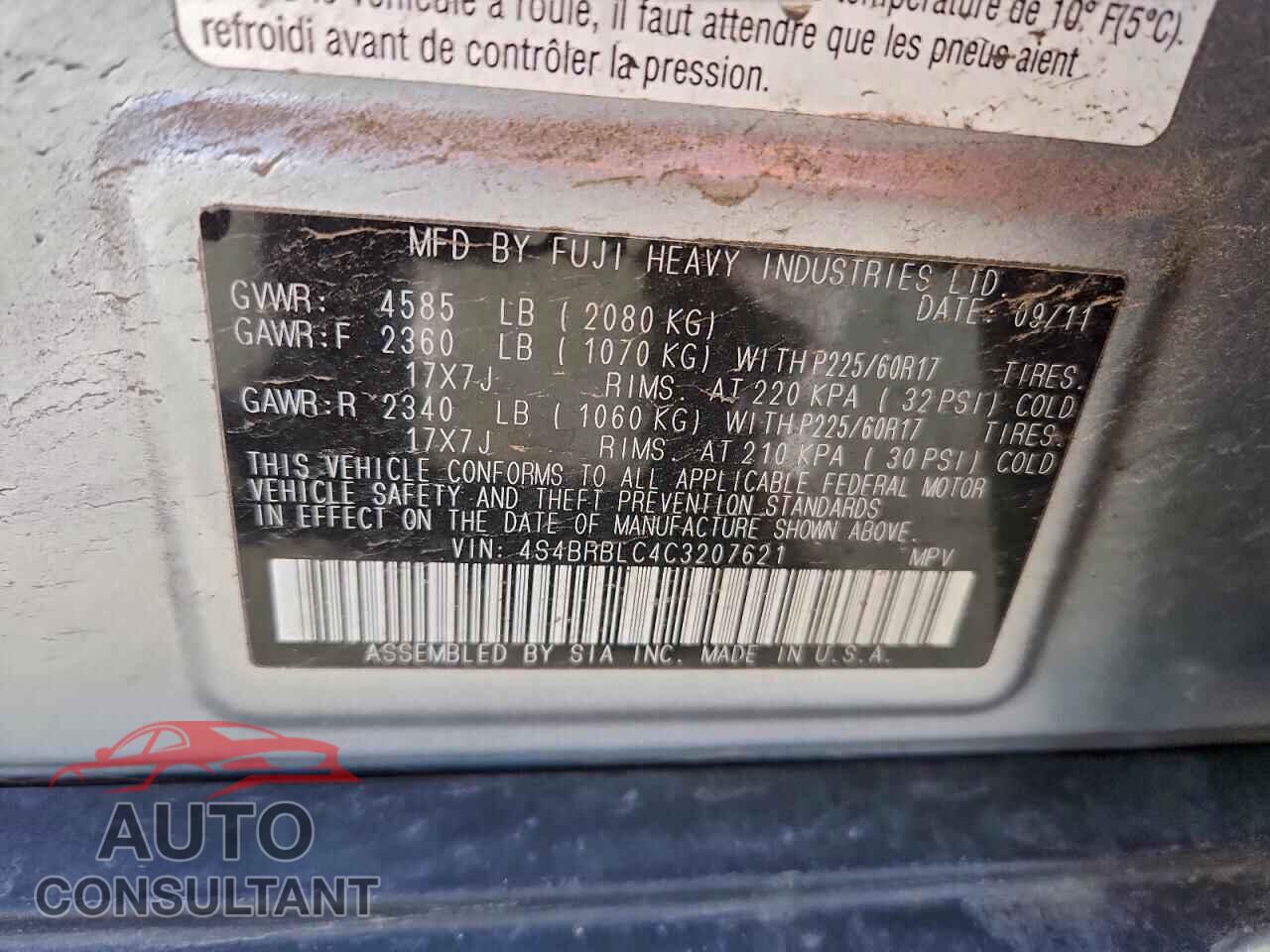 SUBARU OUTBACK 2012 - 4S4BRBLC4C3207621