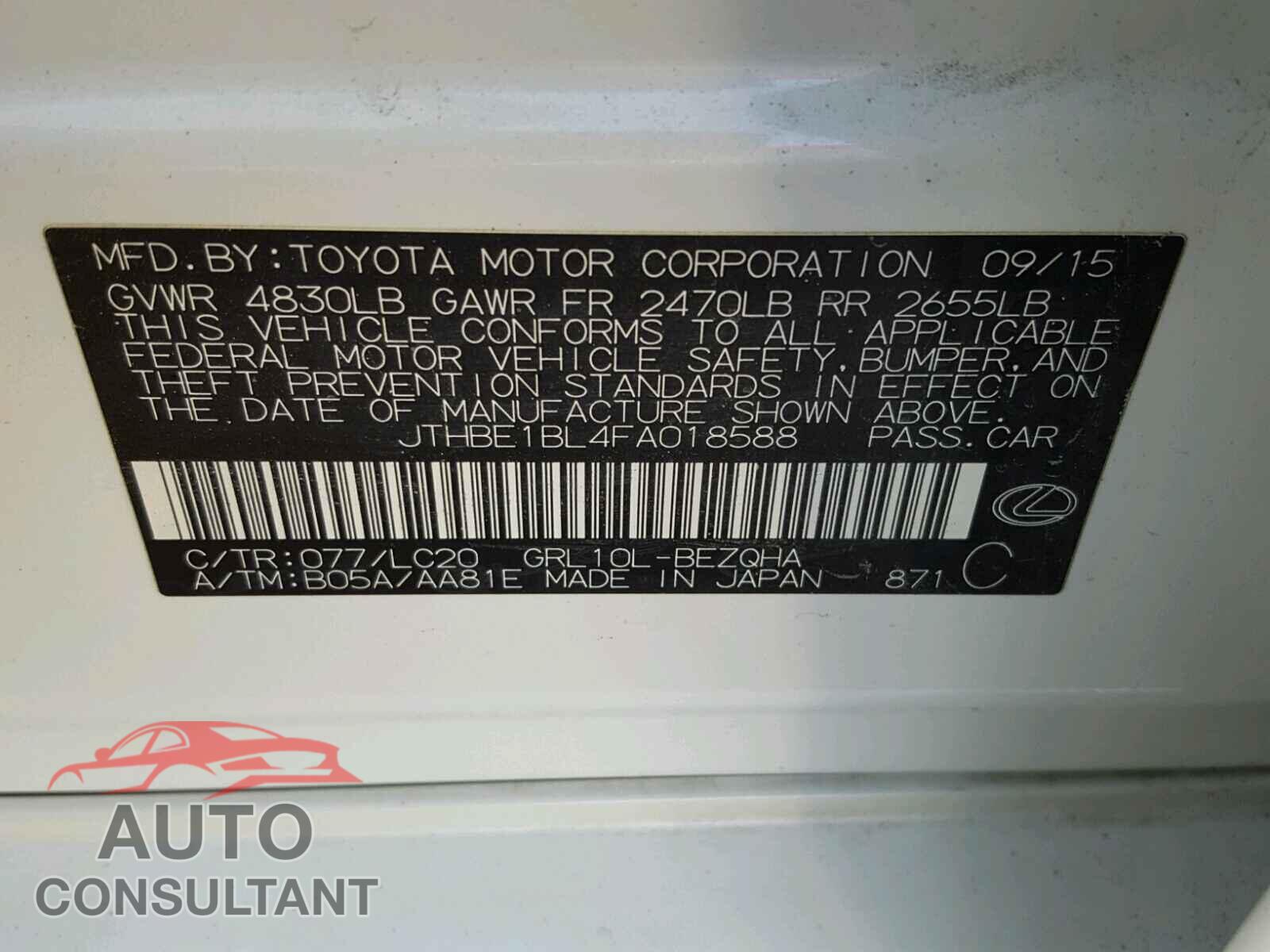LEXUS GS350 2015 - JTHBE1BL4FA018588