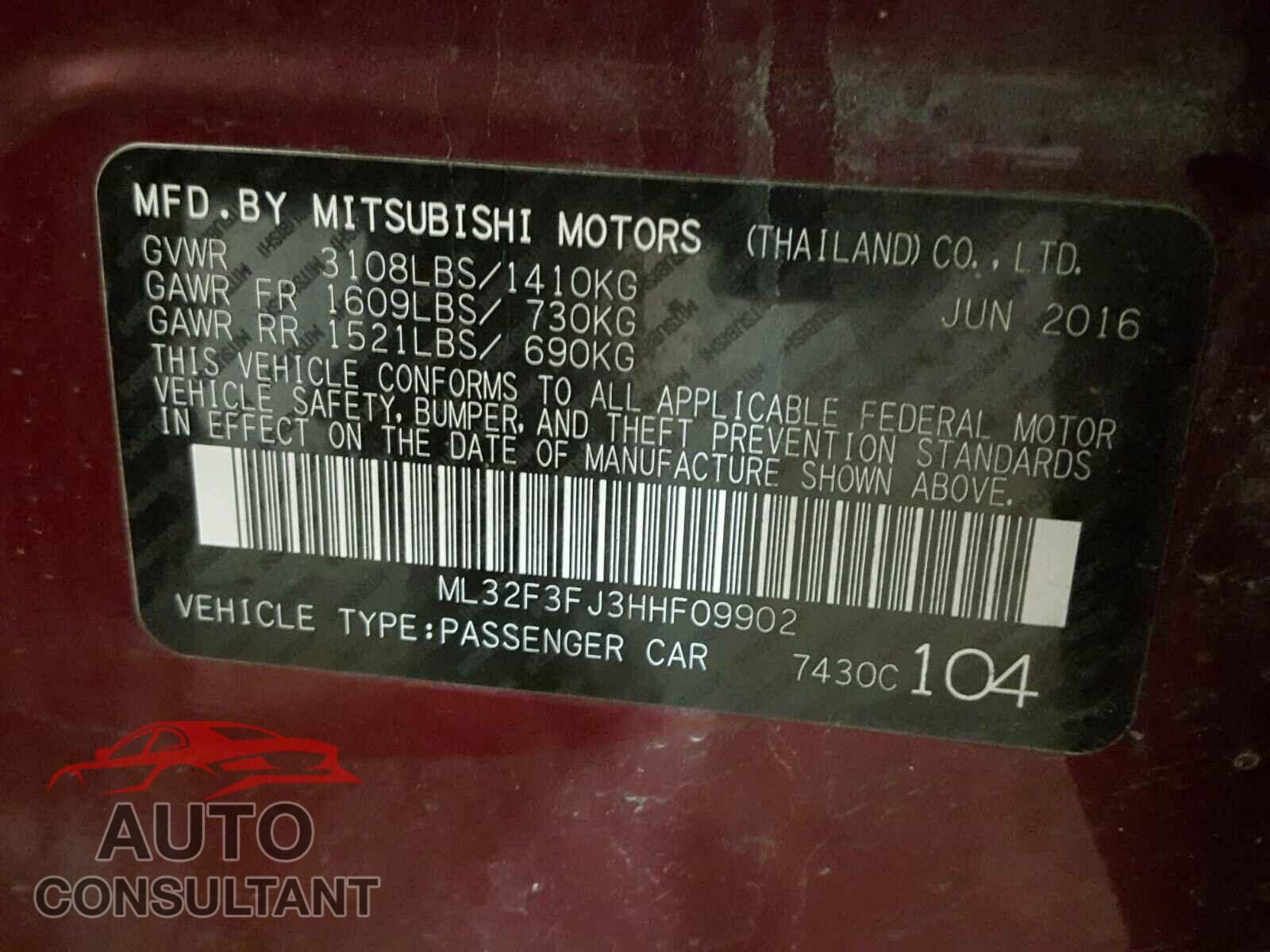 MITSUBISHI MIRAGE 2017 - ML32F3FJ3HHF09902